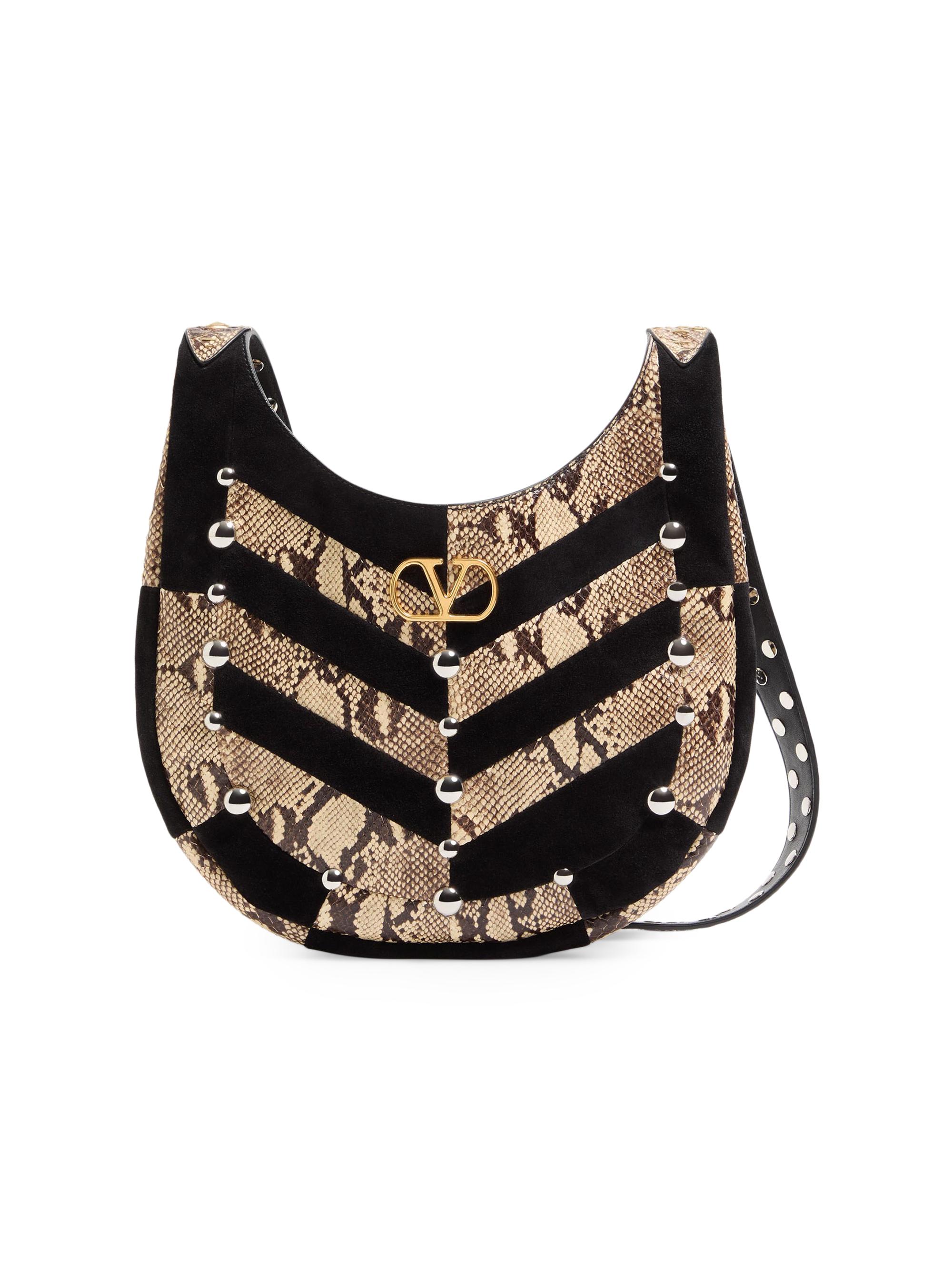 Valentino Garavani Women's Hoboho  Hobo Bag in Python and Chevron-Patterned Suede - Beige Black