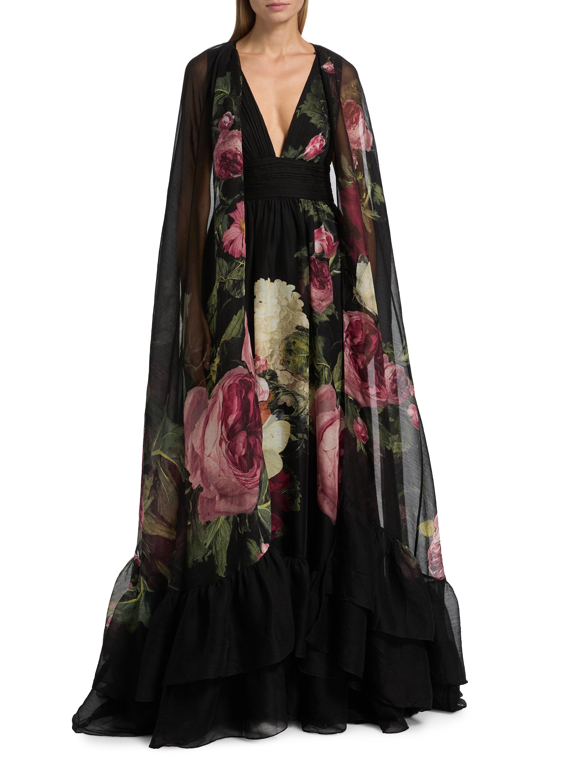 ALICE + OLIVIA Roya Floral Cape-Back Gown | Saks Fifth Avenue
