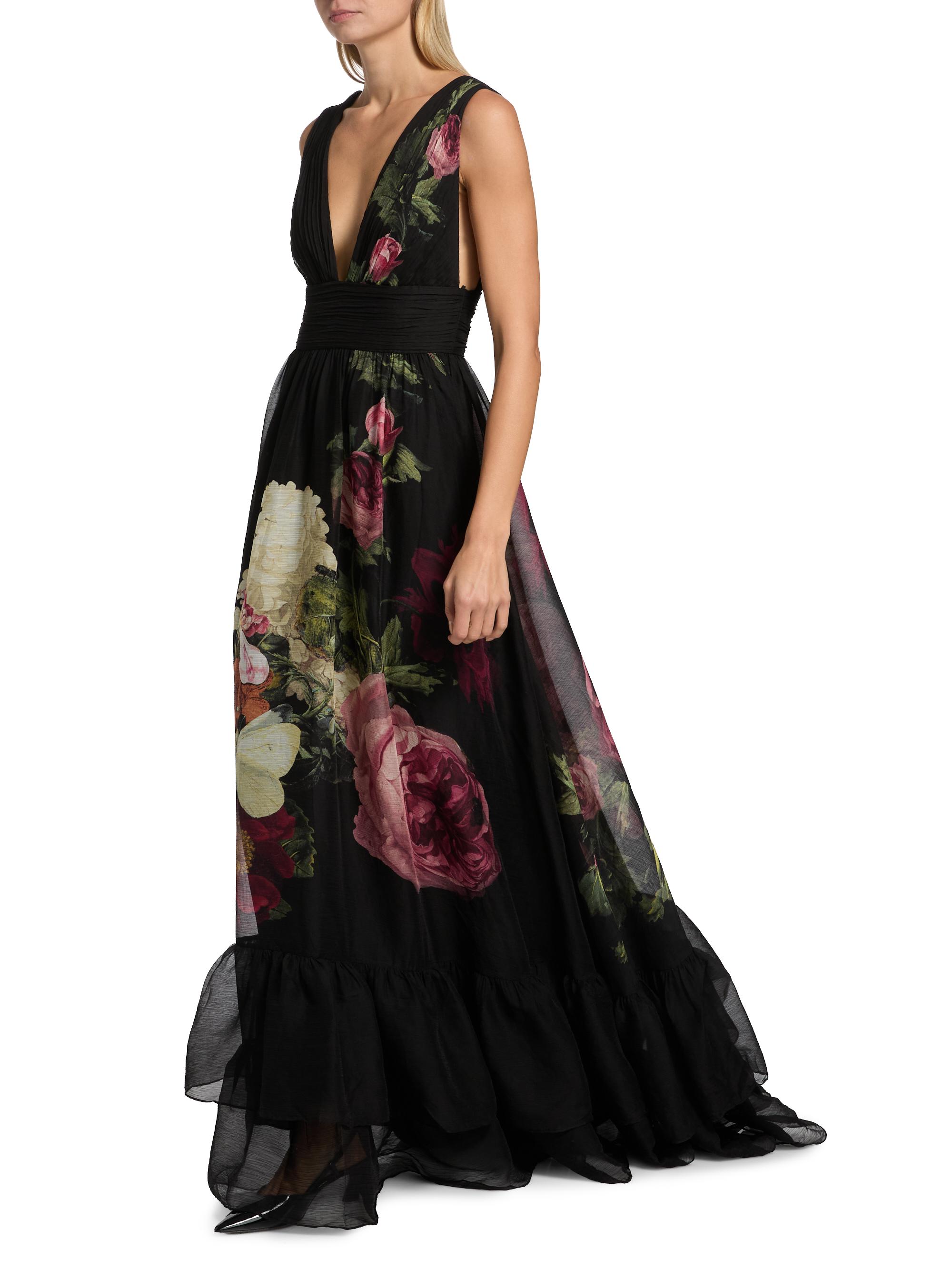 ALICE + OLIVIA Roya Floral Cape-Back Gown | Saks Fifth Avenue