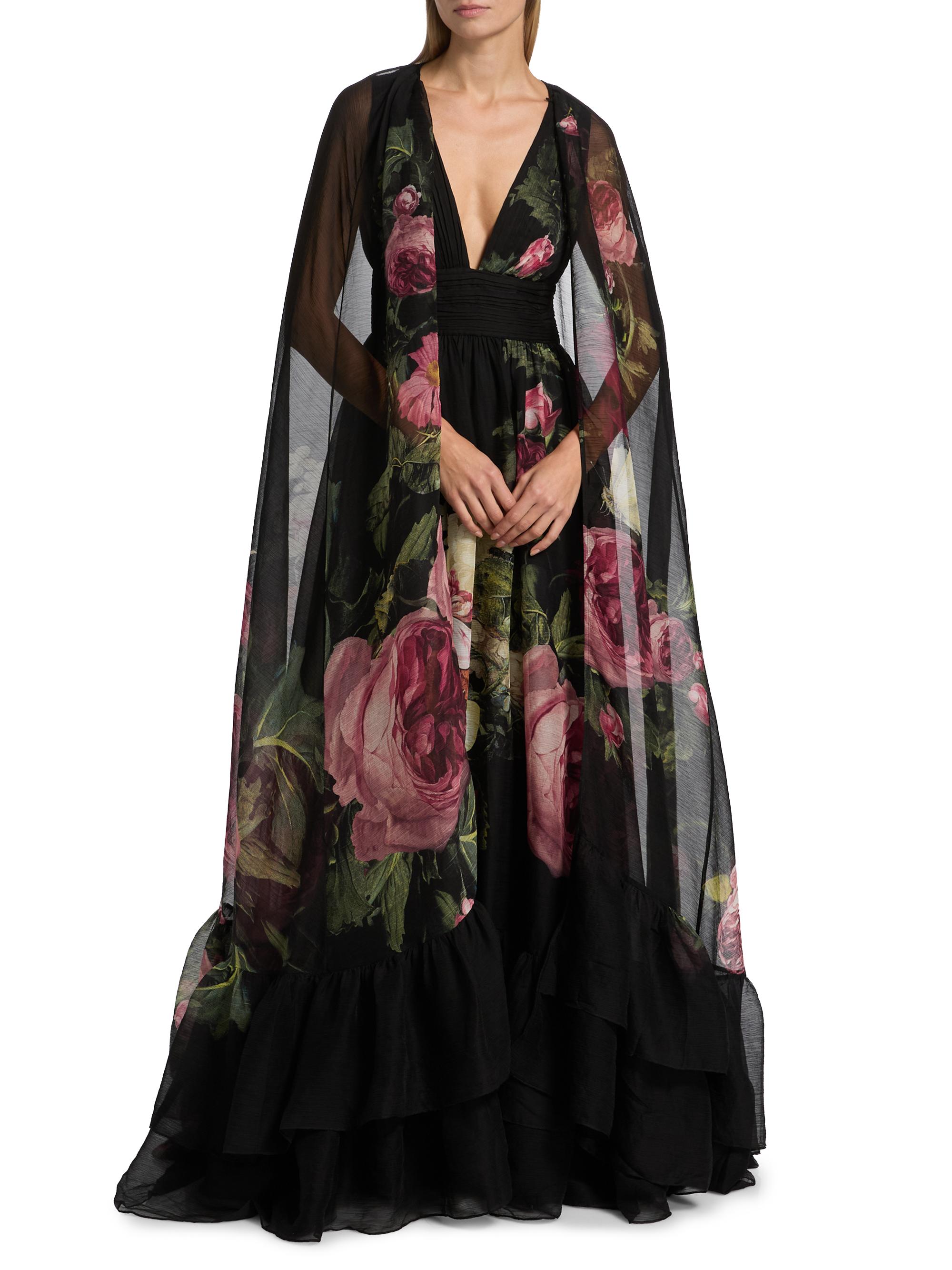 ALICE + OLIVIA Roya Floral Cape-Back Gown | Saks Fifth Avenue