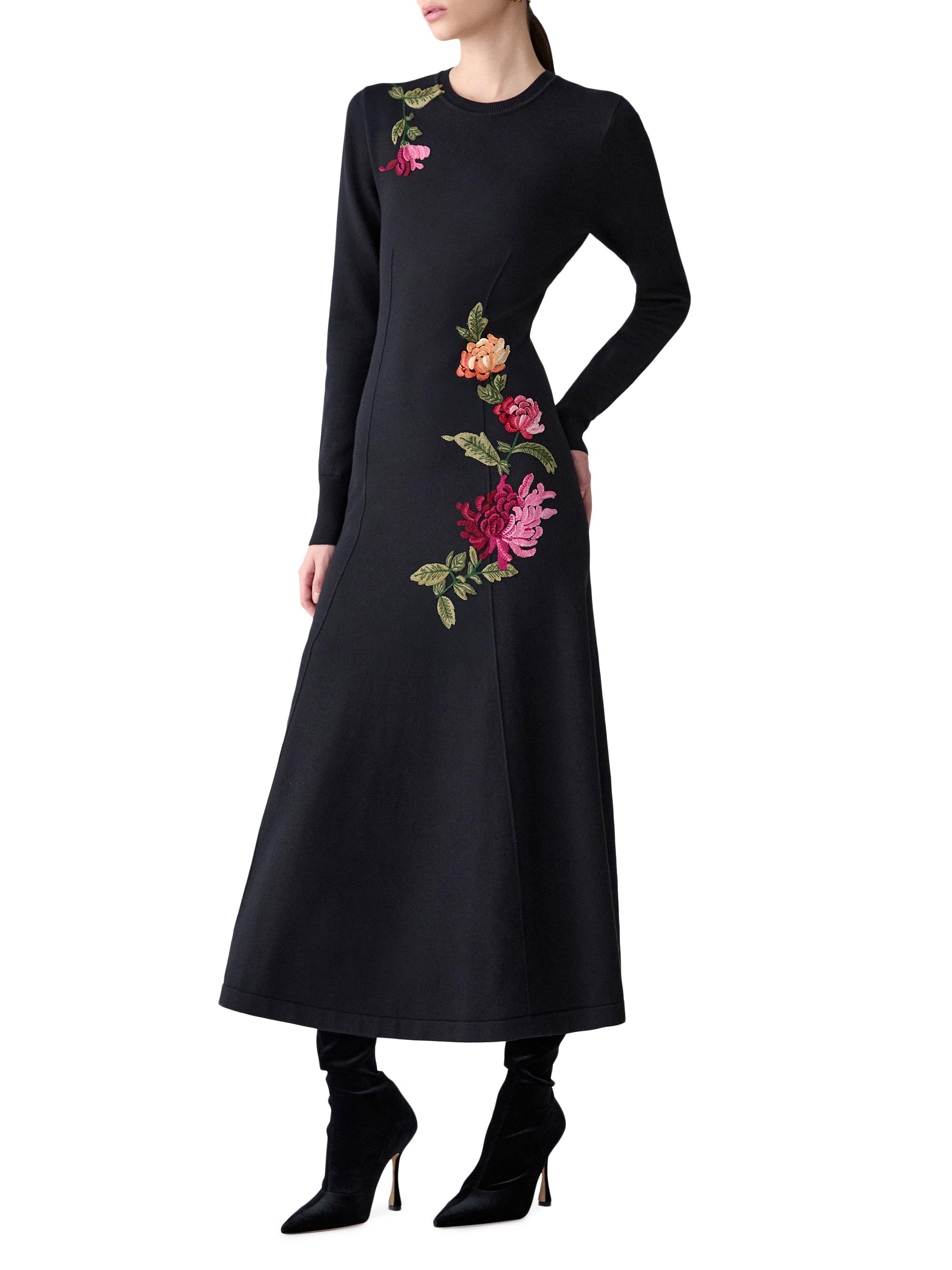 Carolina Herrera Chrysanthemum-Embroidered Wool & Silk-Blend Midi