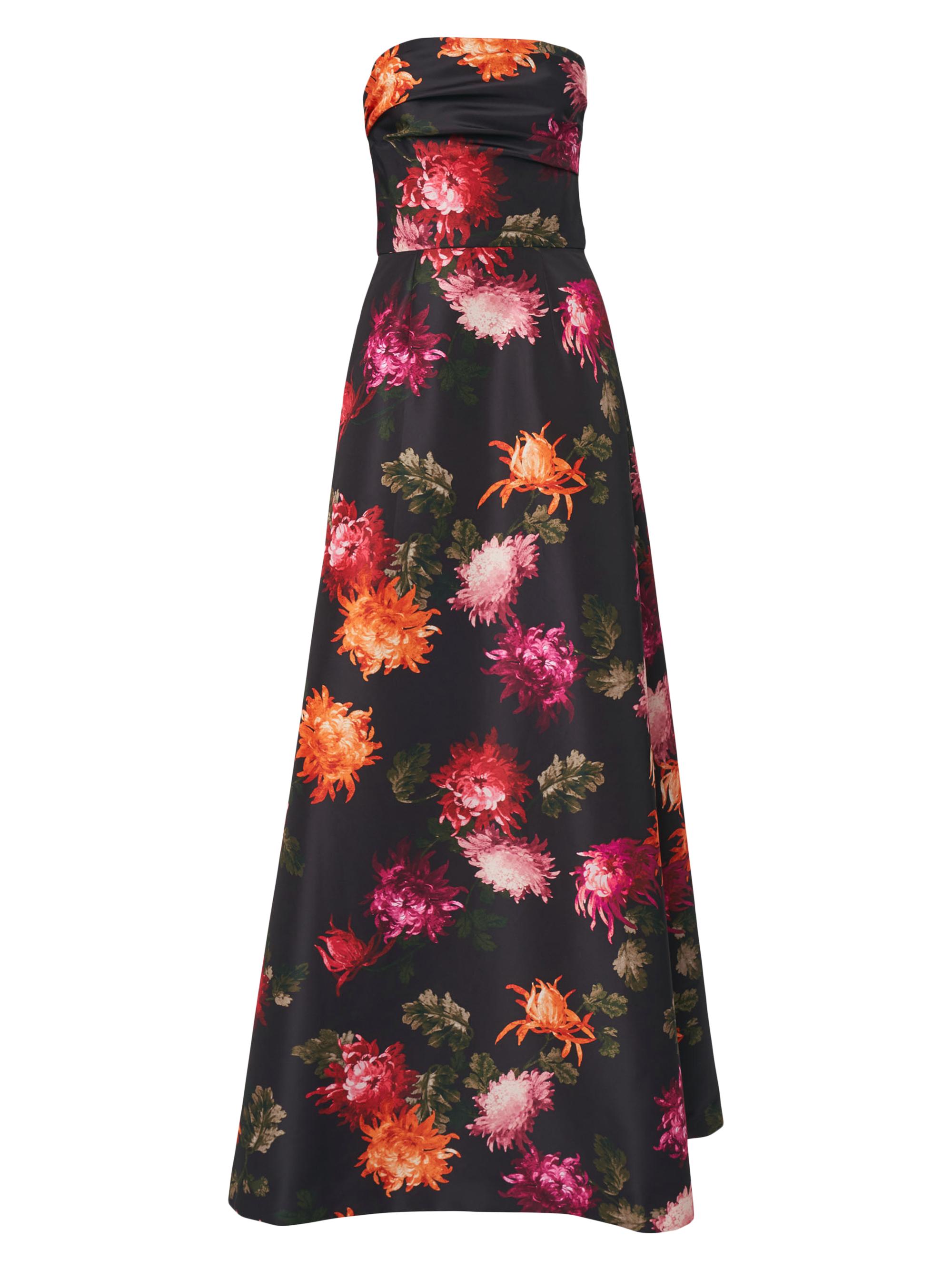 Chrysanthemum-Print Strapless A-Line Gown