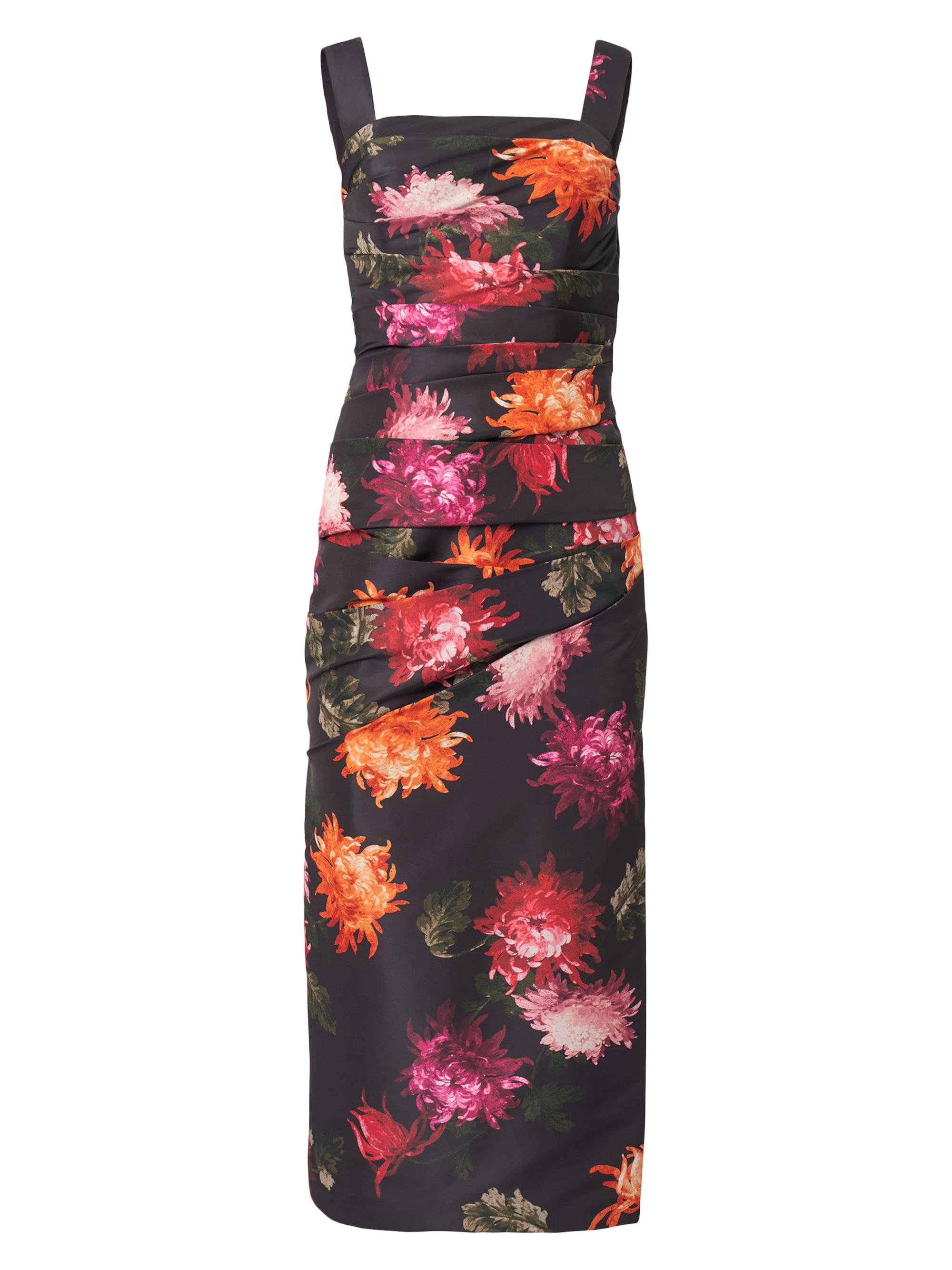 Chrysanthemum-Print Draped Cocktail Dress