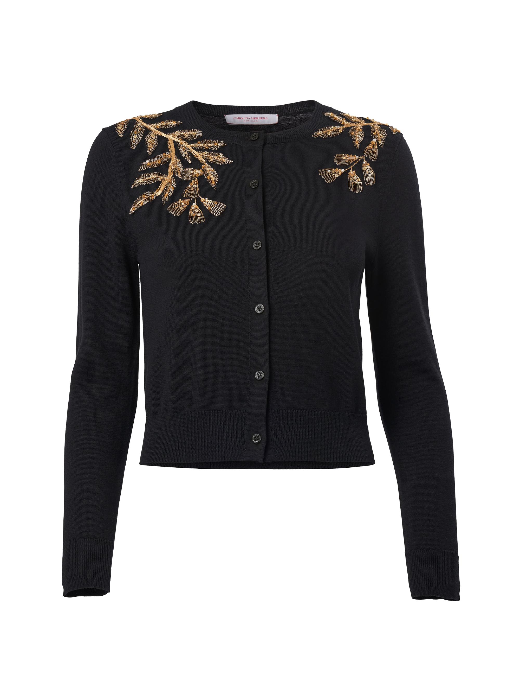 Carolina Herrera Women's Embellished Leaf-Embroidered Silk-Cotton Cardigan - Black Gold