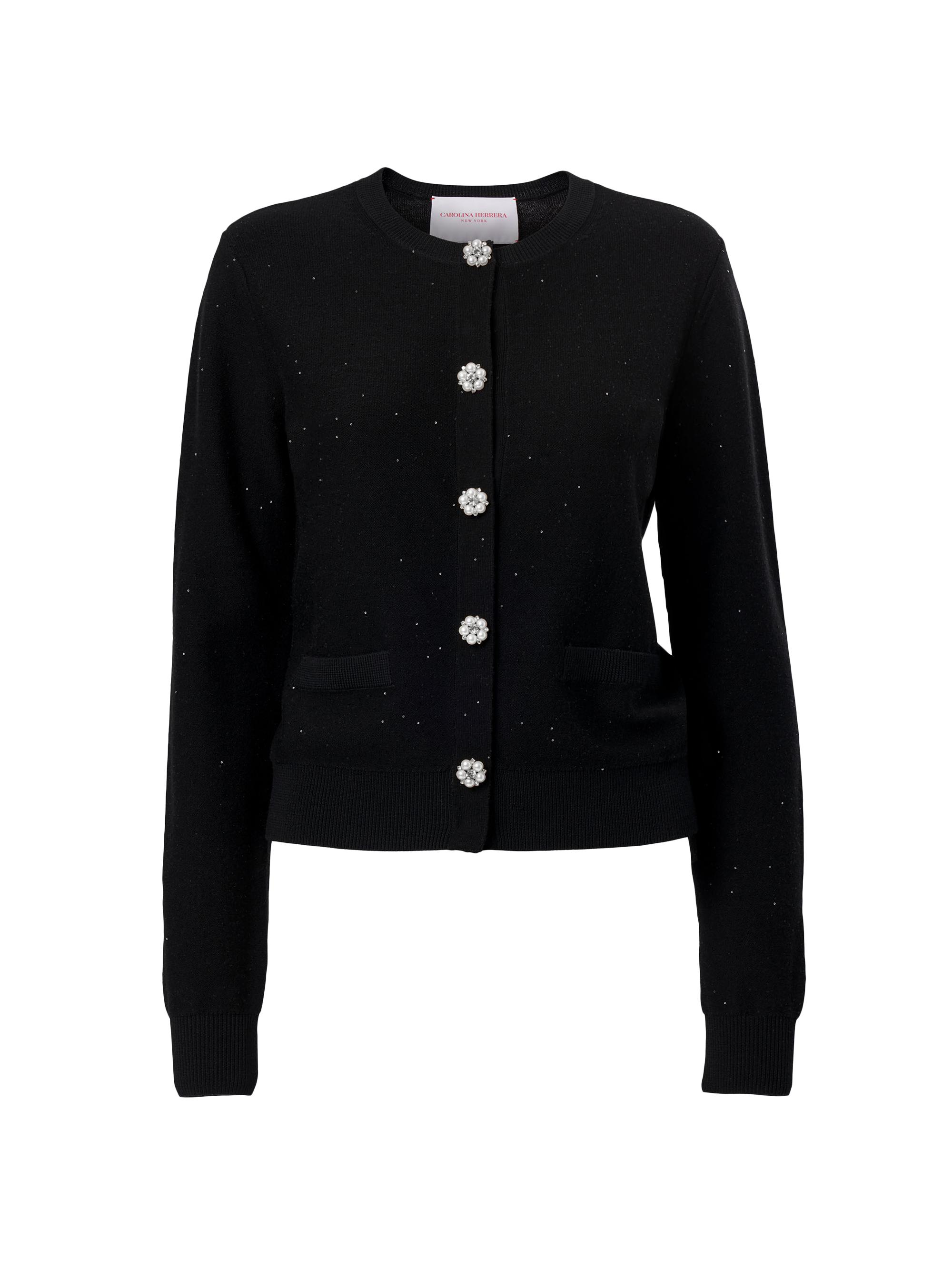 Carolina Herrera Women's Embellished Sequined Stretch-Wool Crewneck Cardigan - Black