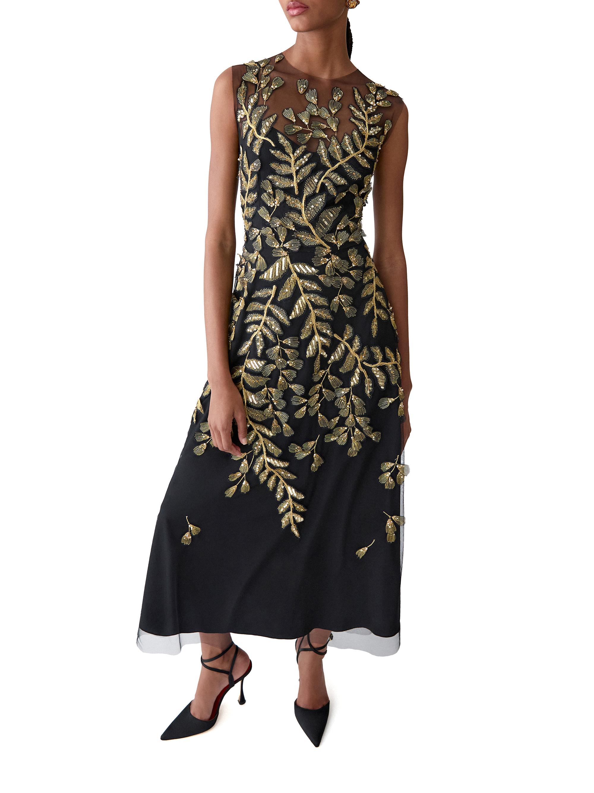 Carolina Herrera Embellished Leaf-Embroidered Tulle Cocktail Dress