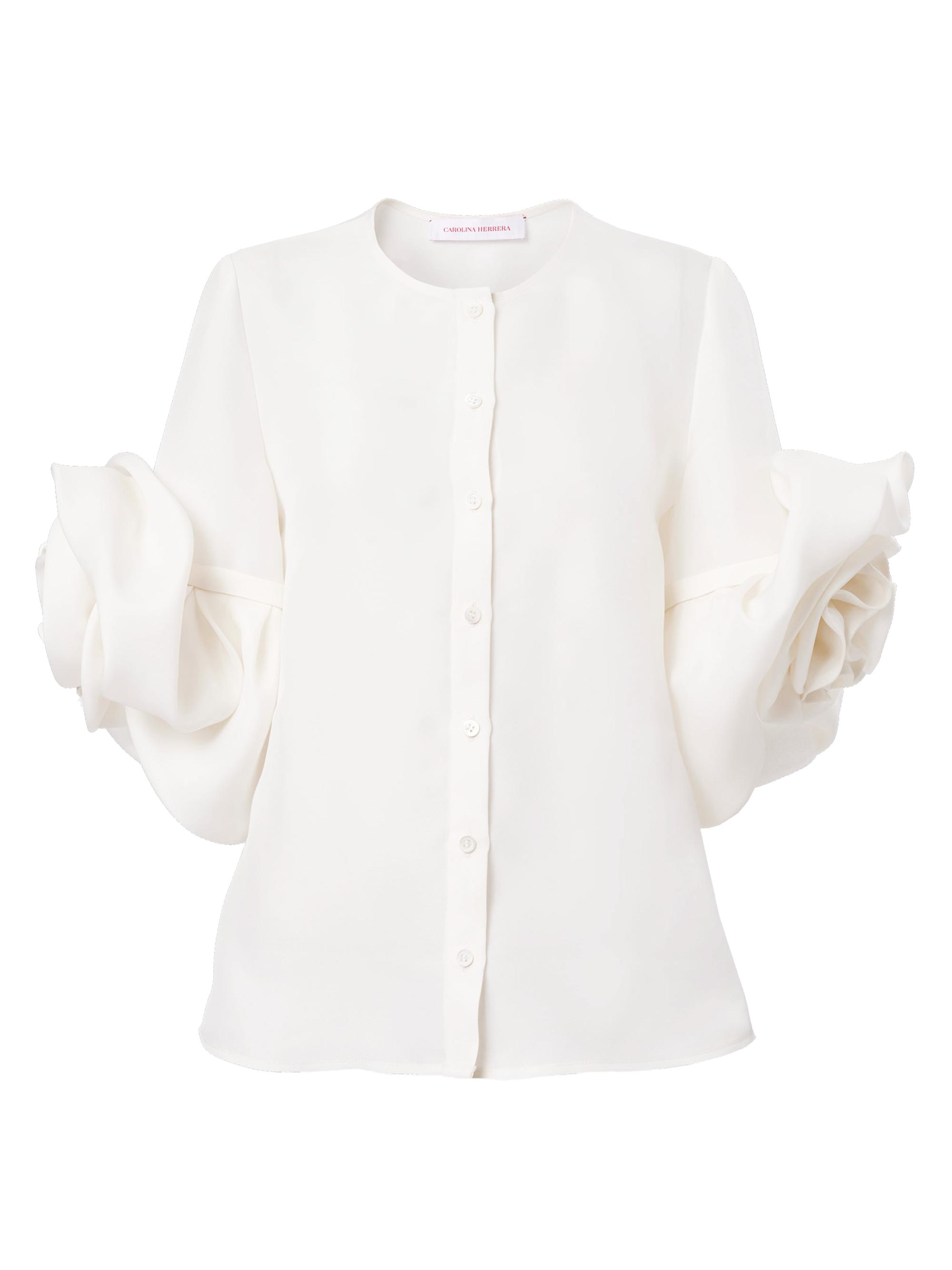 Carolina Herrera Women's Silk Gazar Rosette-Sleeve Button-Front Blouse - White