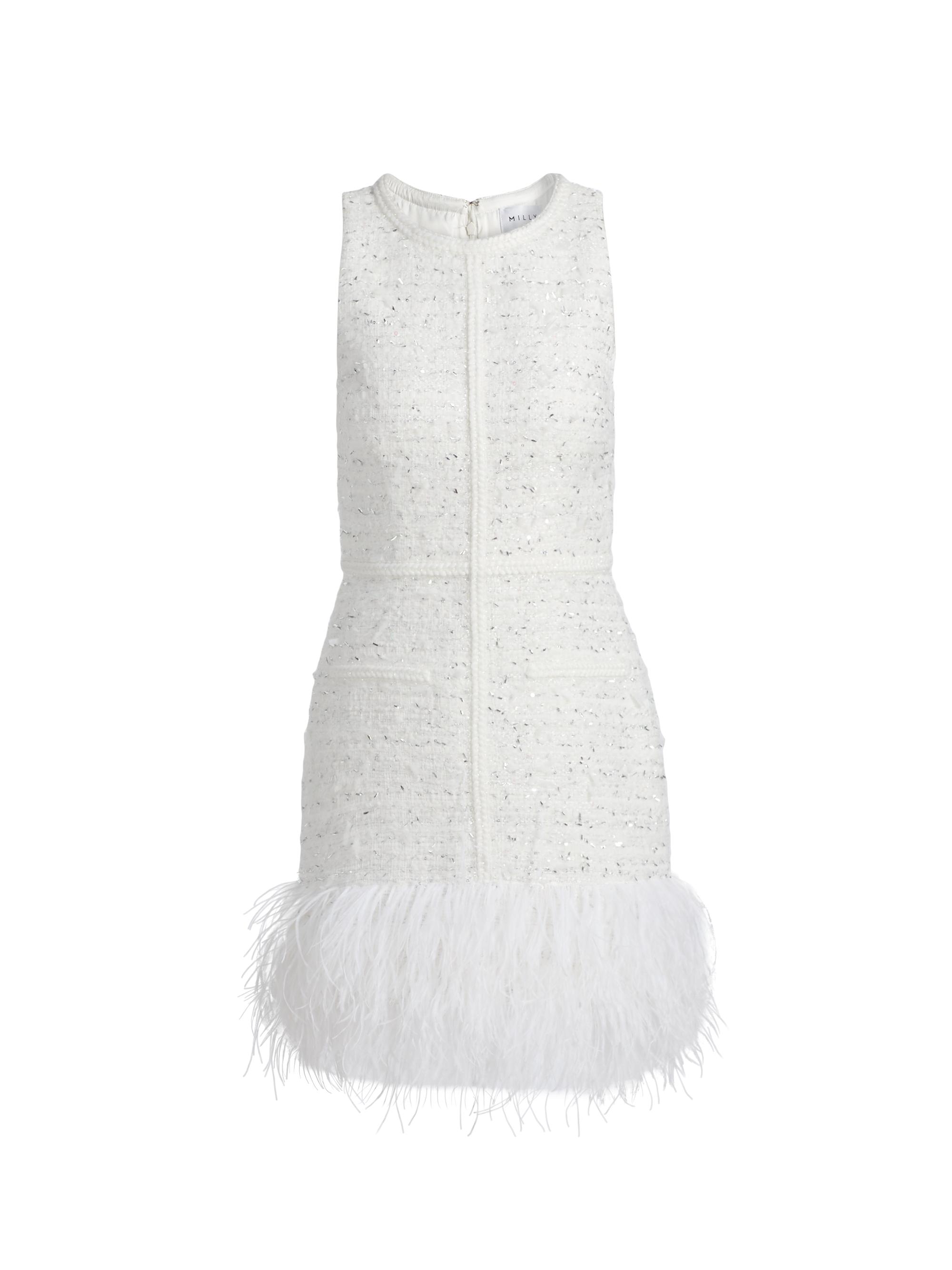 Milly Women's Raven Feather-Trim Metallic Tweed Minidress - White Silver