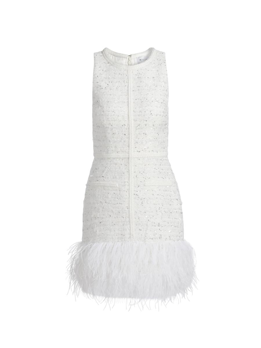 Milly Women's Raven Feather-trim Metallic Tweed Minidress In Silver