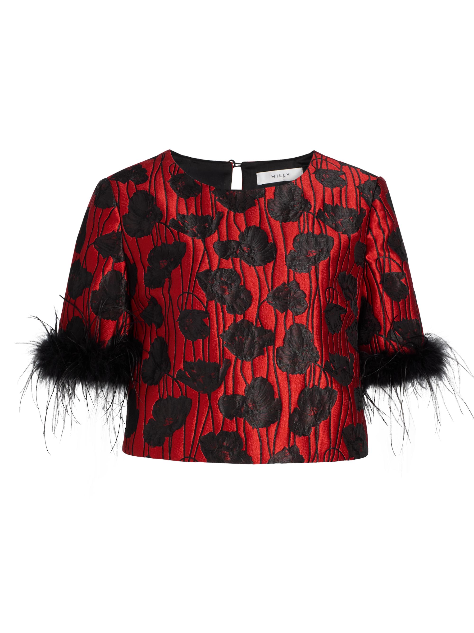 Milly Women's Ruthe Poppy Jacquard Feather-Trimmed Top - Red Black