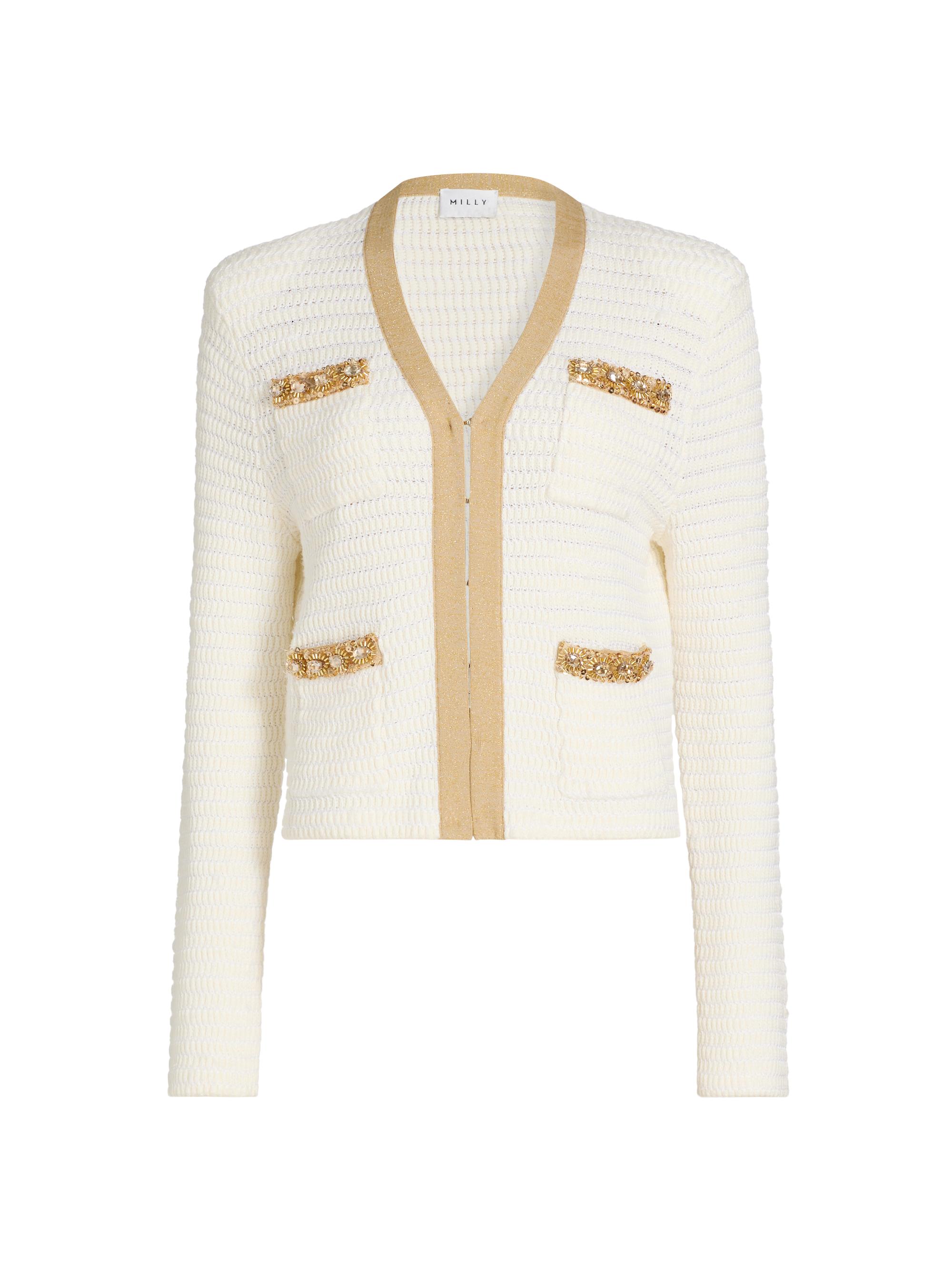 Milly Women's Reid Embellished-Trimmed Cardigan - Ecru Gold