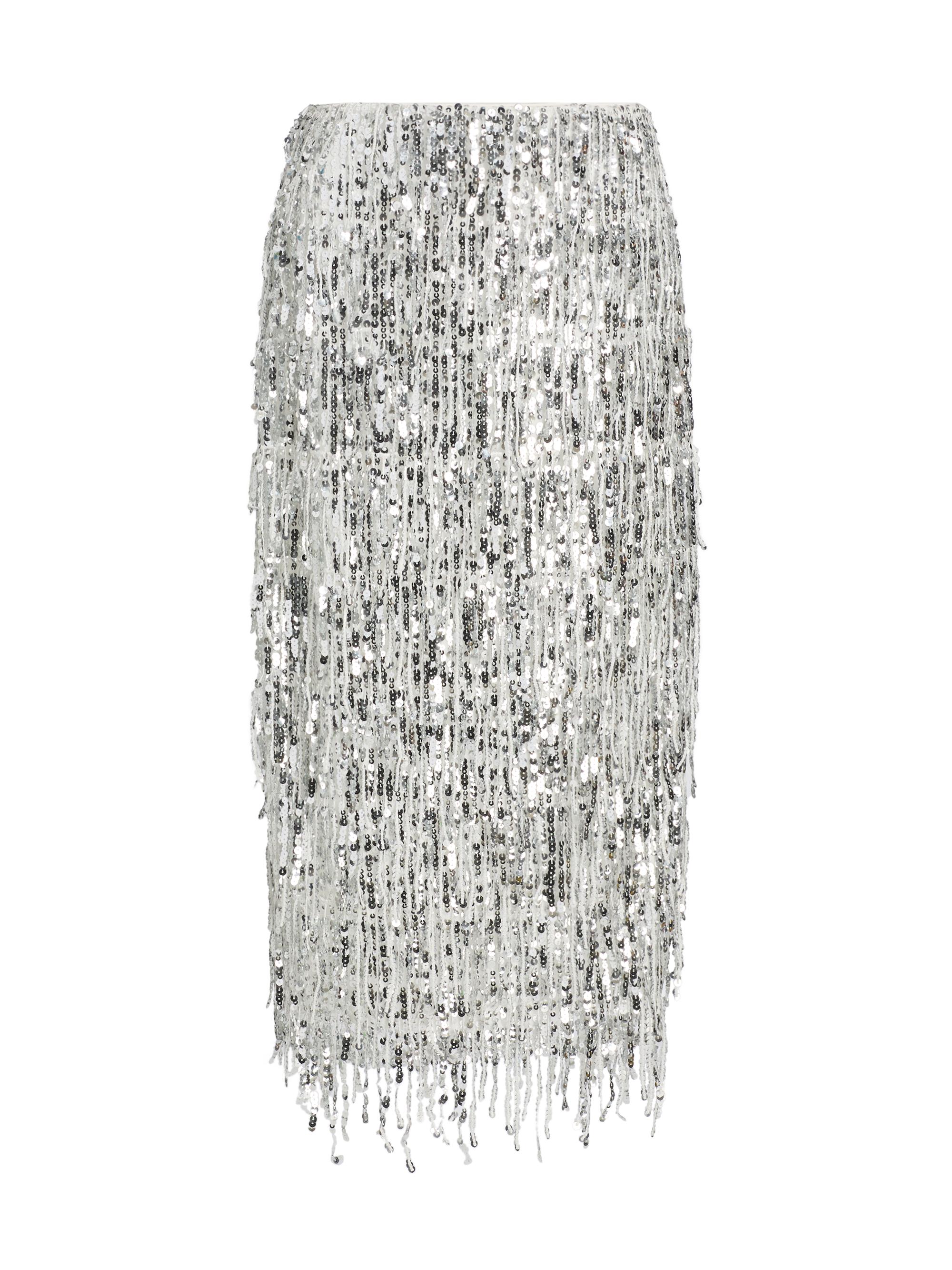 Milly Women's Roxanne Sequined Fringed Midi-Skirt - Silver