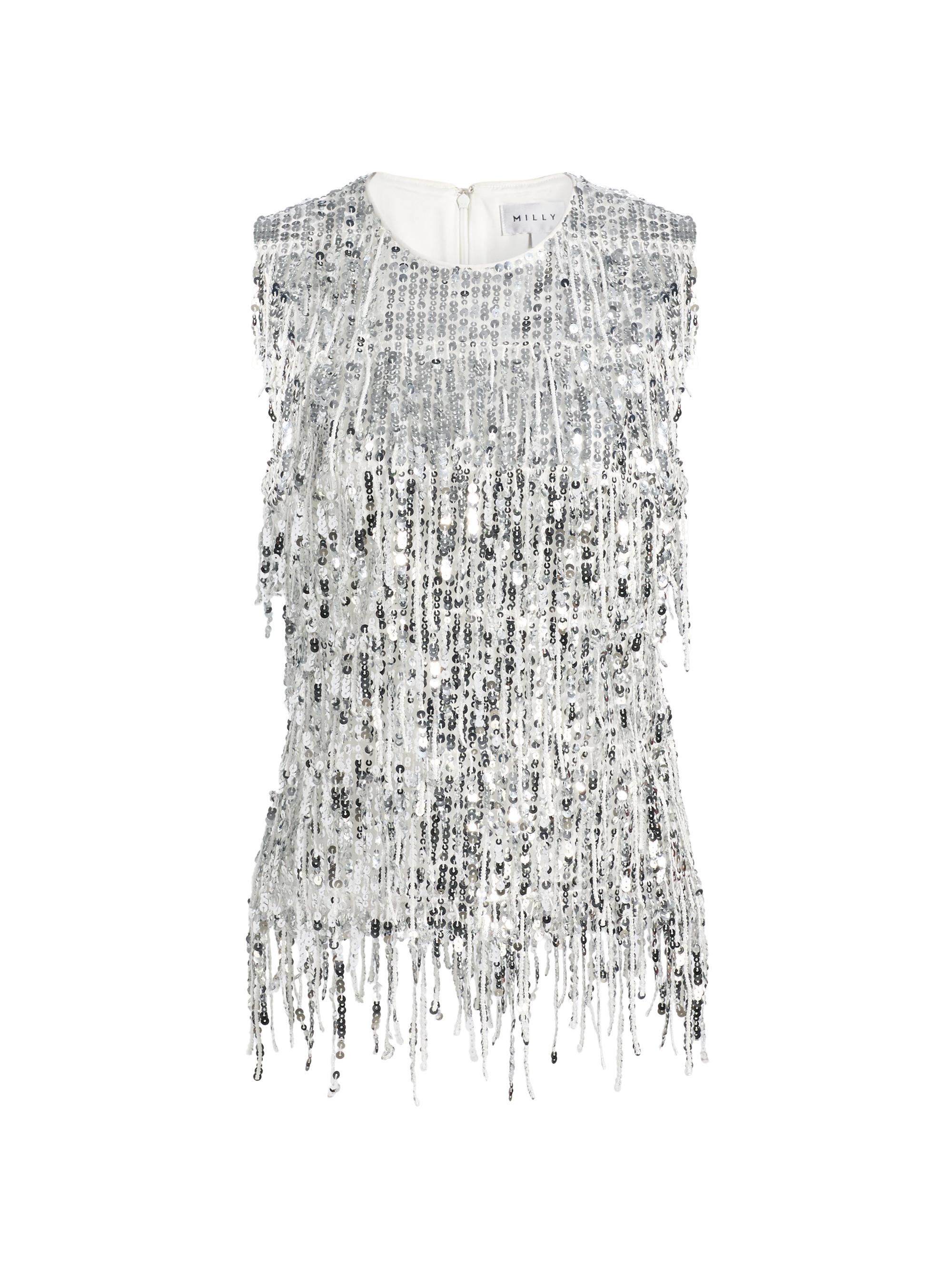 Milly Women's Royce Sequined Fringe Top - Silver