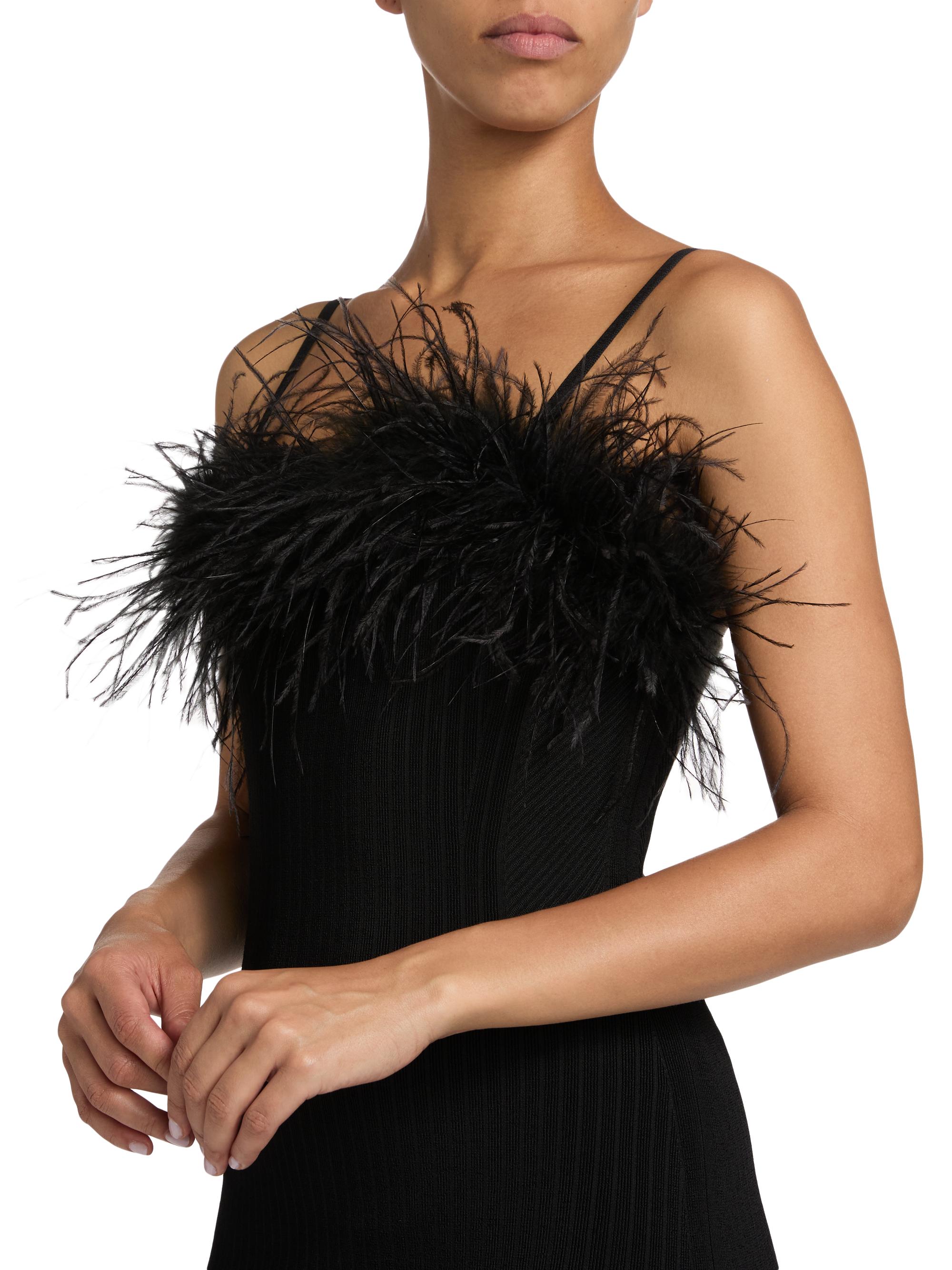 Milly Robena Feather-Embellished Ribbed Midi Dress - Black