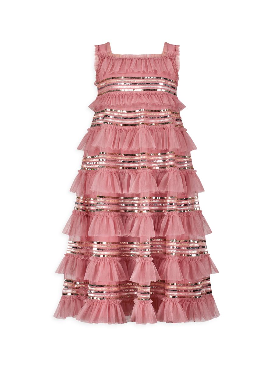 Mac Duggal Little Girl's & Girl's Mesh Micro Ruffle Sequined Dress In Pink