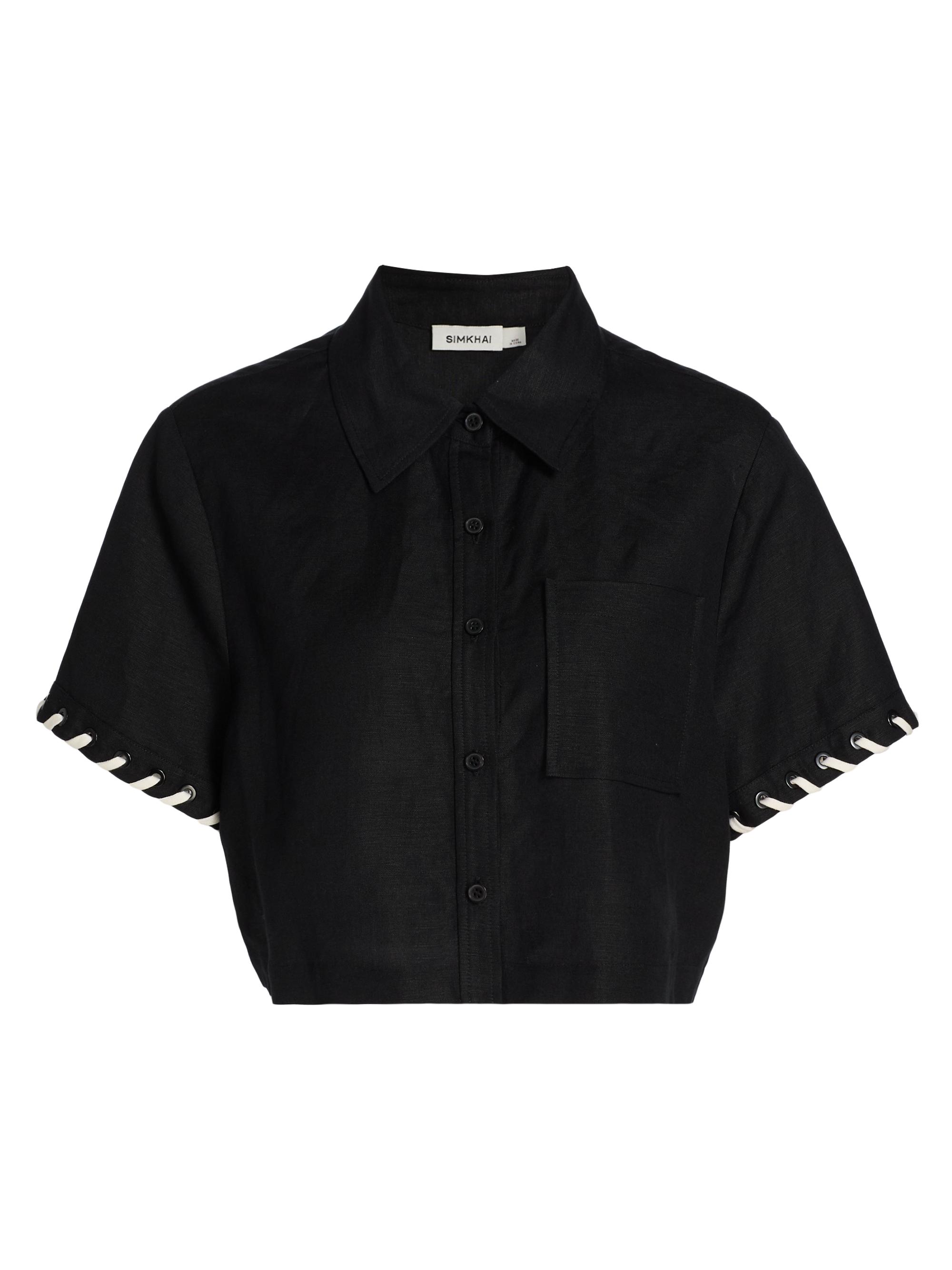 SIMKHAI Women's Auggie Linen-Blend Crop Shirt - Black Multi