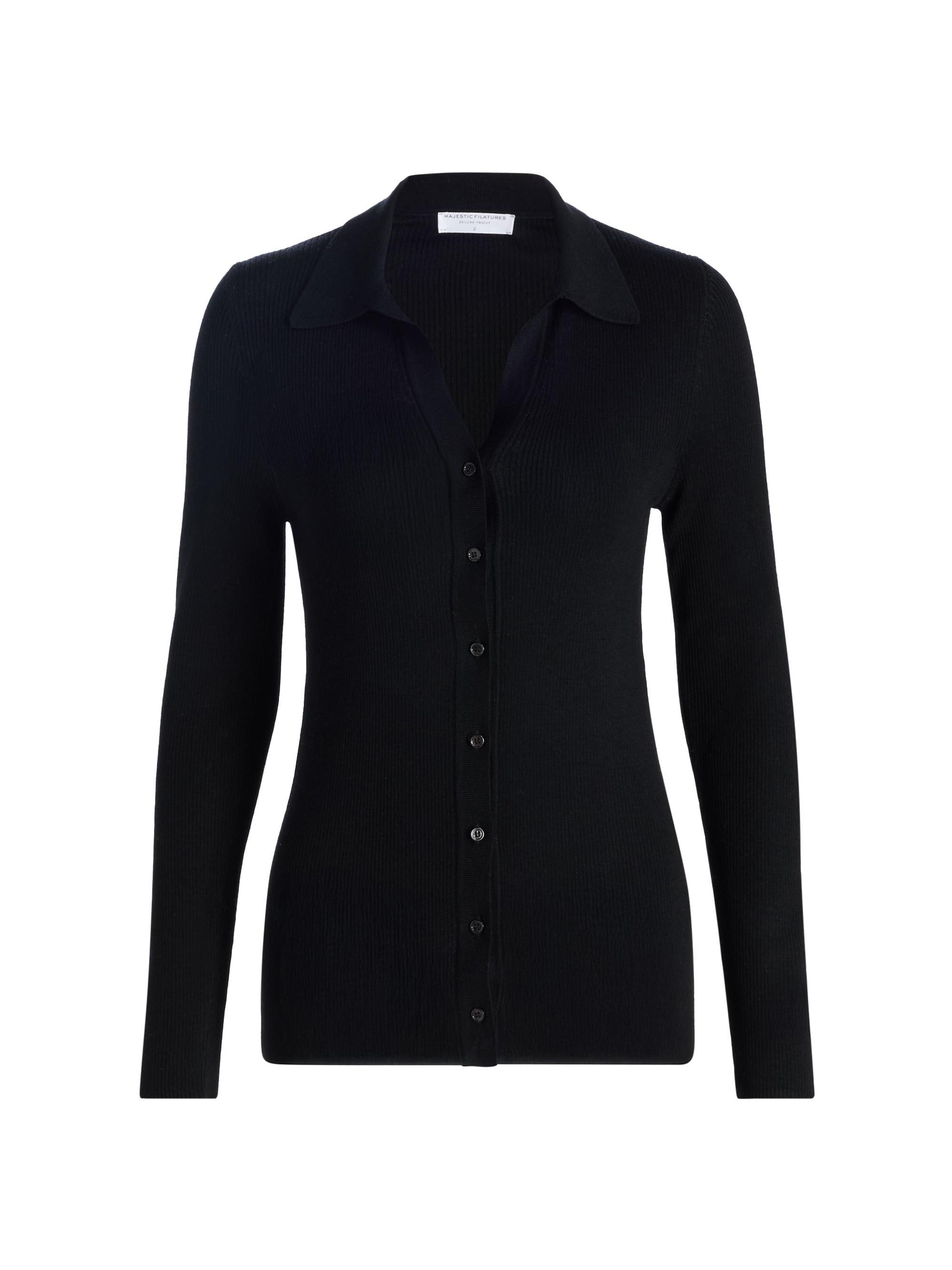 Majestic Filatures Women's Rib-Knit Merino Wool Cardigan - Noir