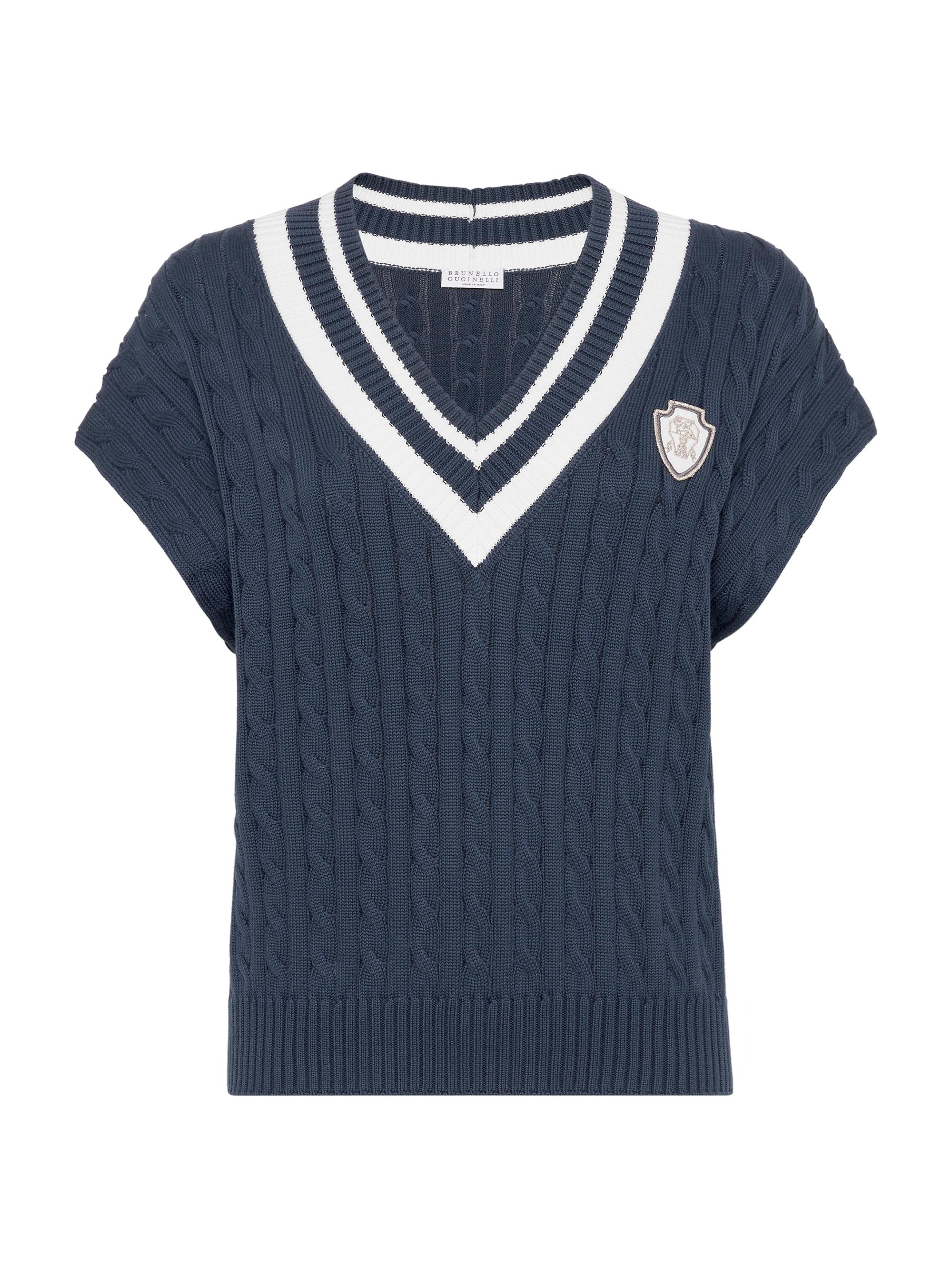 Brunello Cucinelli Women's Cotton Cable Knit T-Shirt with Logo - Blue