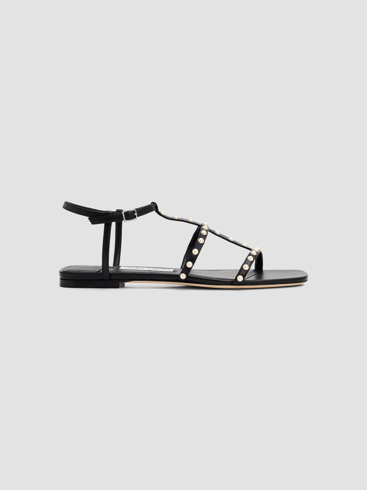 Gwyn Pearl-Embellished Leather Flat Sandals