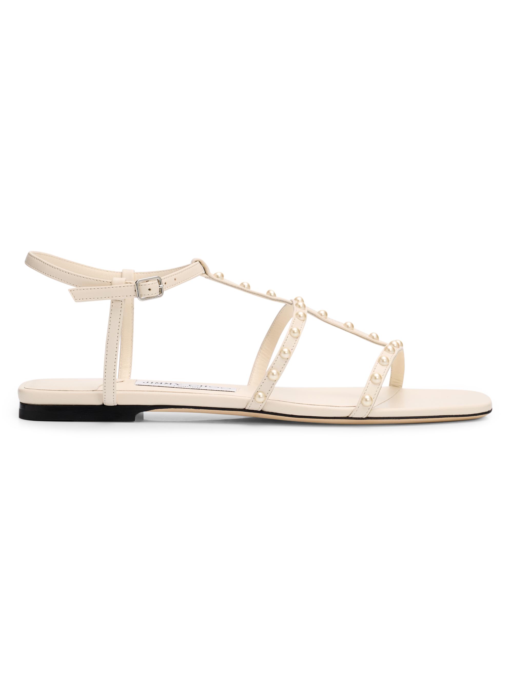 Jimmy Choo Women's Gwyn Pearl-Embellished Leather Flat Sandals - Latte White