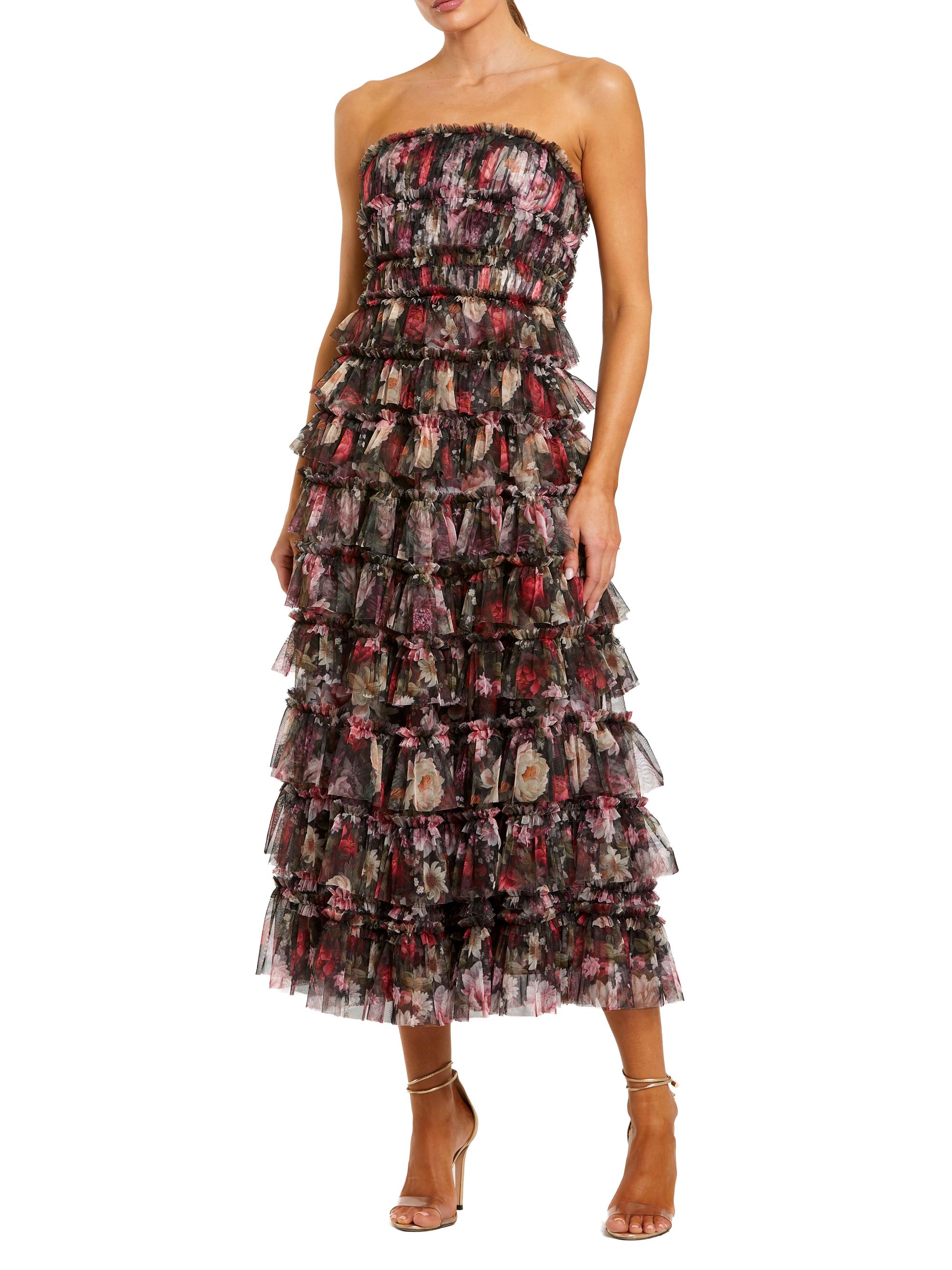 Mac Duggal Women's Tiered Ruffled Floral Strapless A-Line Midi-Dress - Black Multi