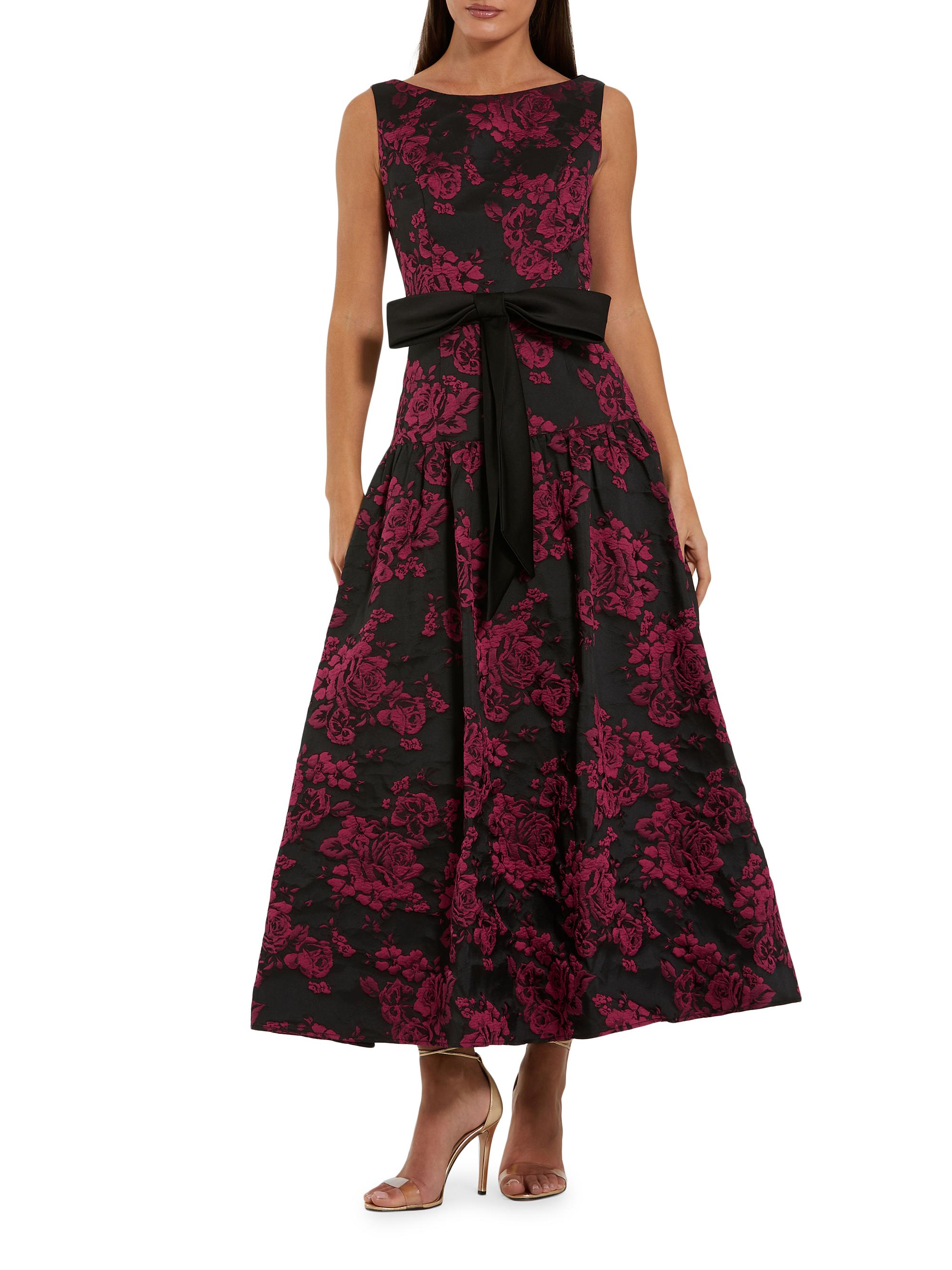 Mac Duggal Women's Satin Bow-Waist Floral Brocade Midi-Dress - Magenta Multi