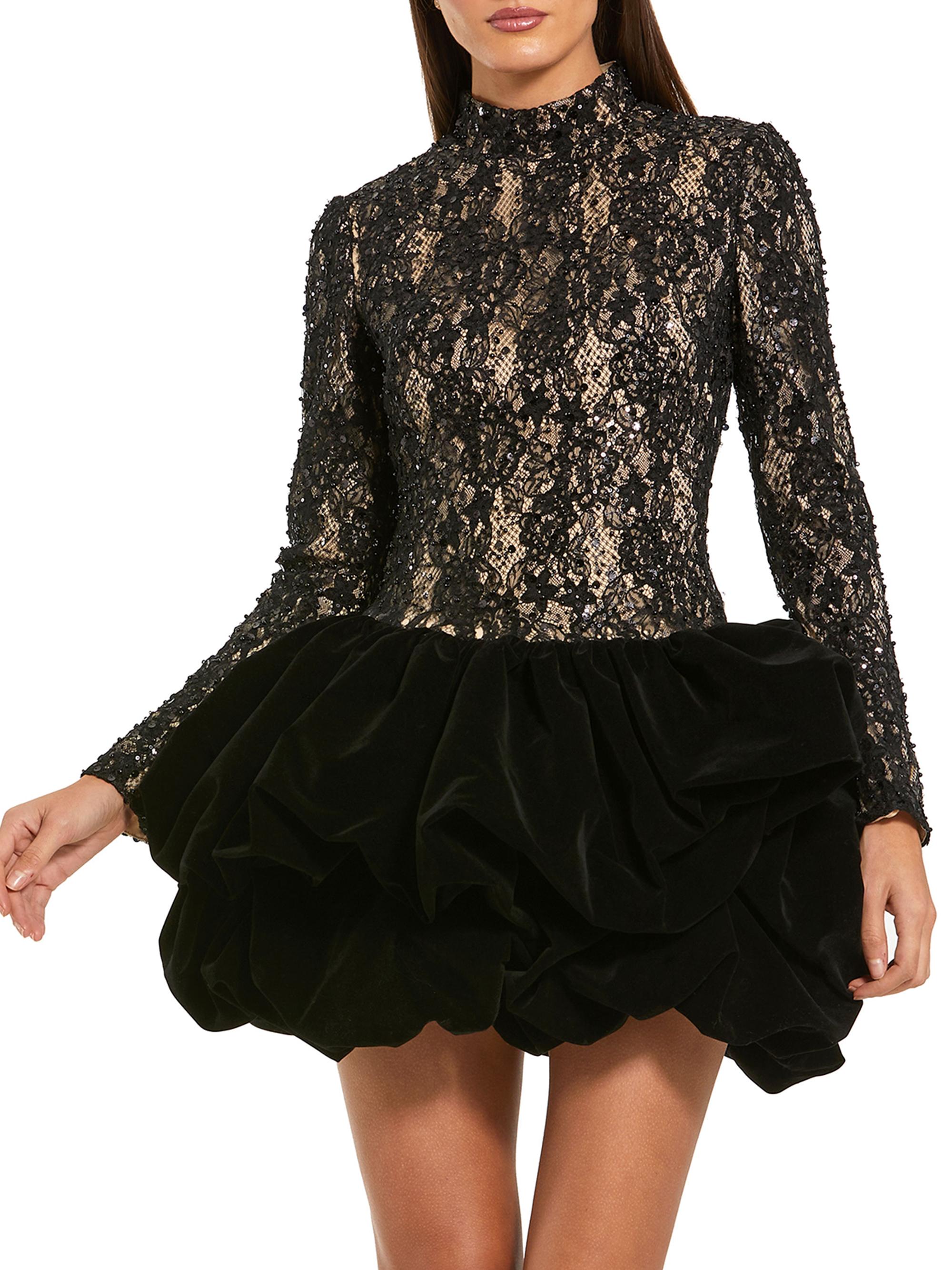 Mac Duggal Women's Sequined Lace & Velvet Bubble-Hem Minidress - Black