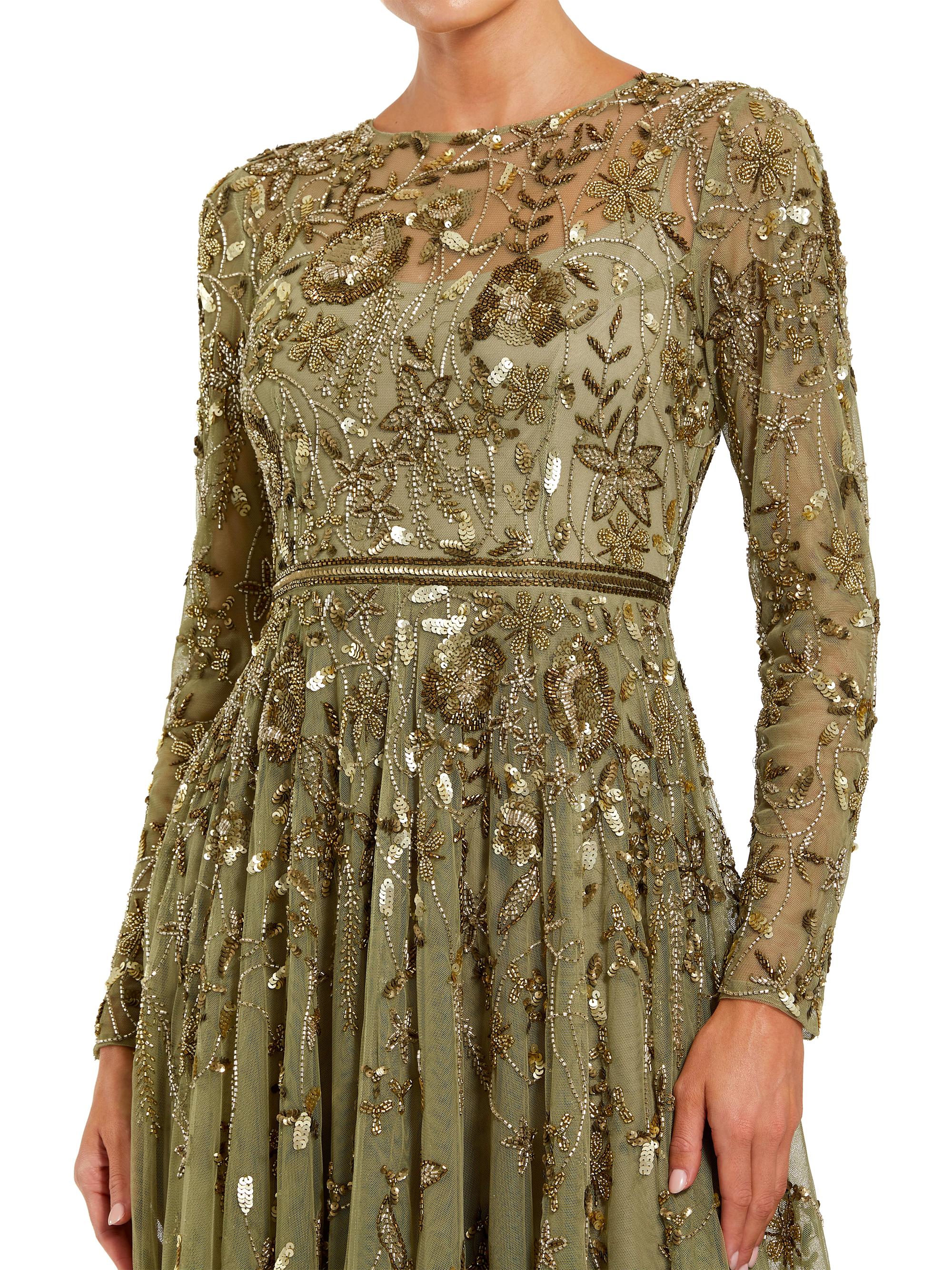 Embellished Floral-Embroidered Mesh Gown