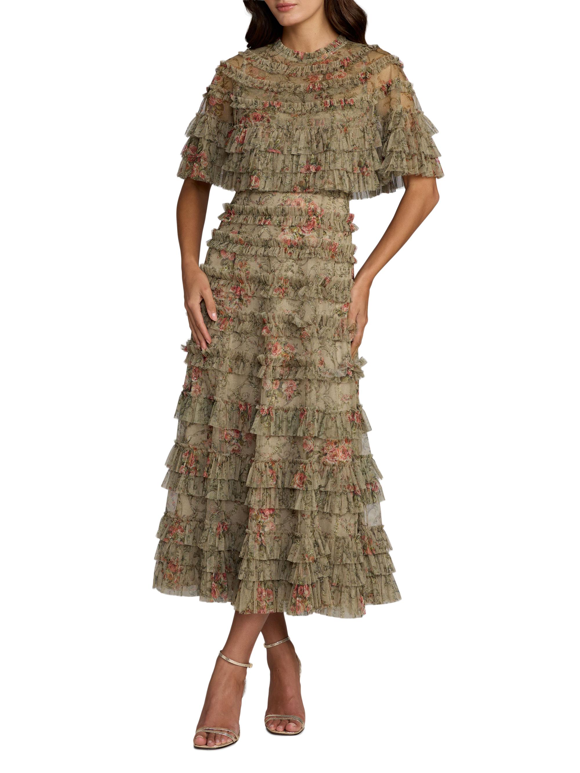 Mac Duggal Women's Floral Ruffled Mesh Cape Midi-Dress - Olive