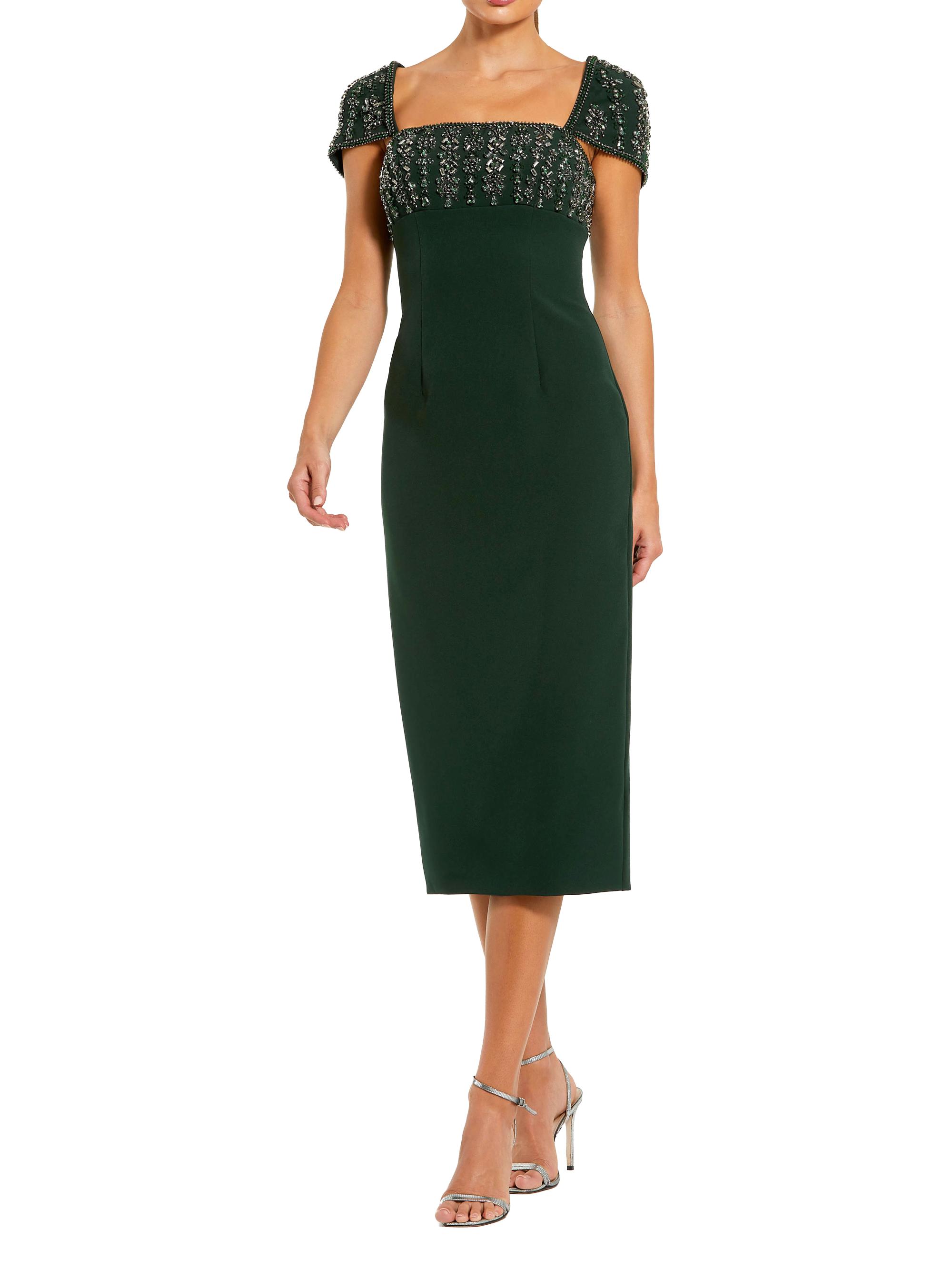 Mac Duggal Women's Embellished-Trimmed Cap Sleeve Crepe Midi-Dress - Dark Emerald