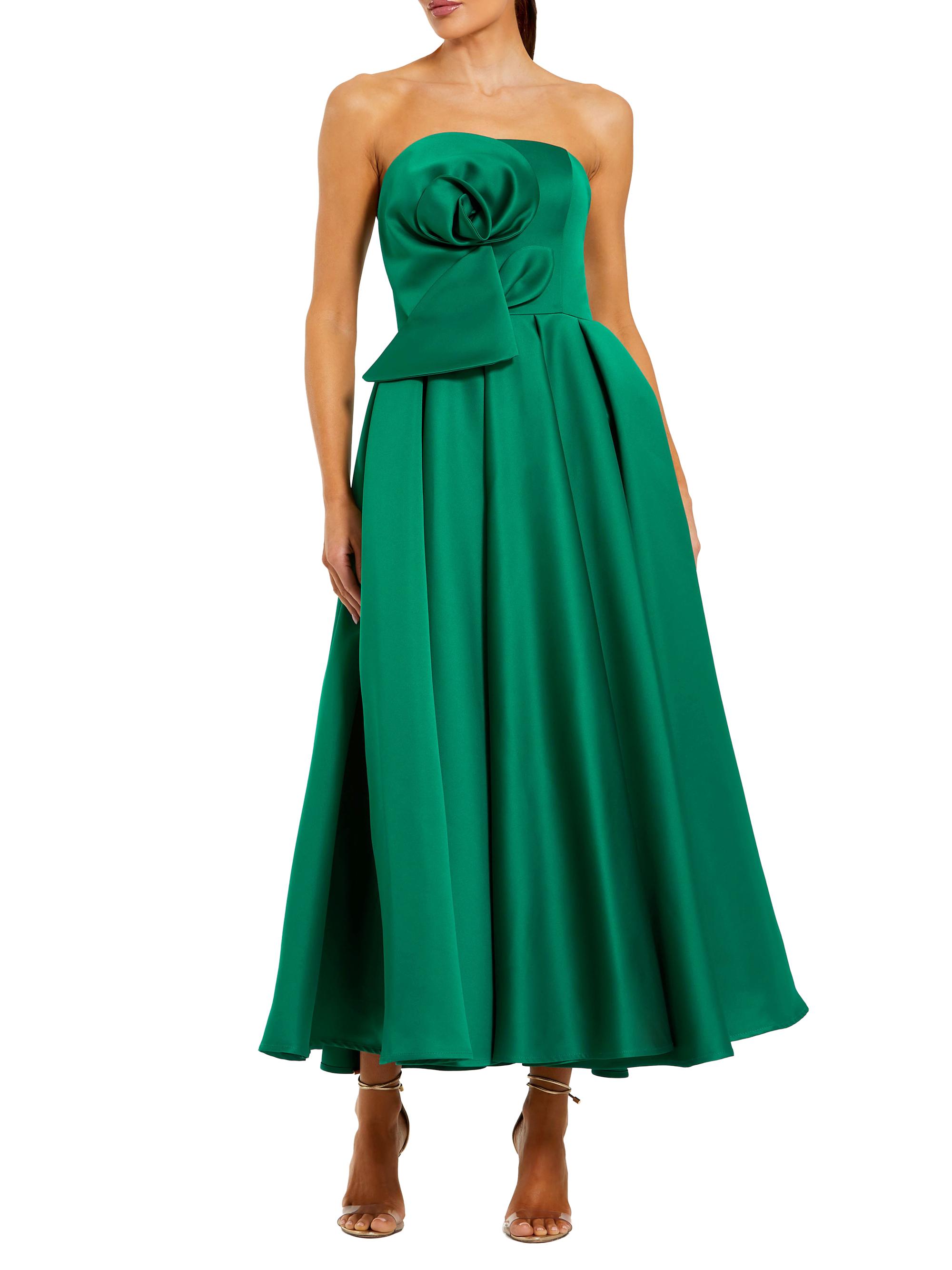 Mac Duggal Women's Rosette Satin Strapless A-Line Midi-Dress - Emerald