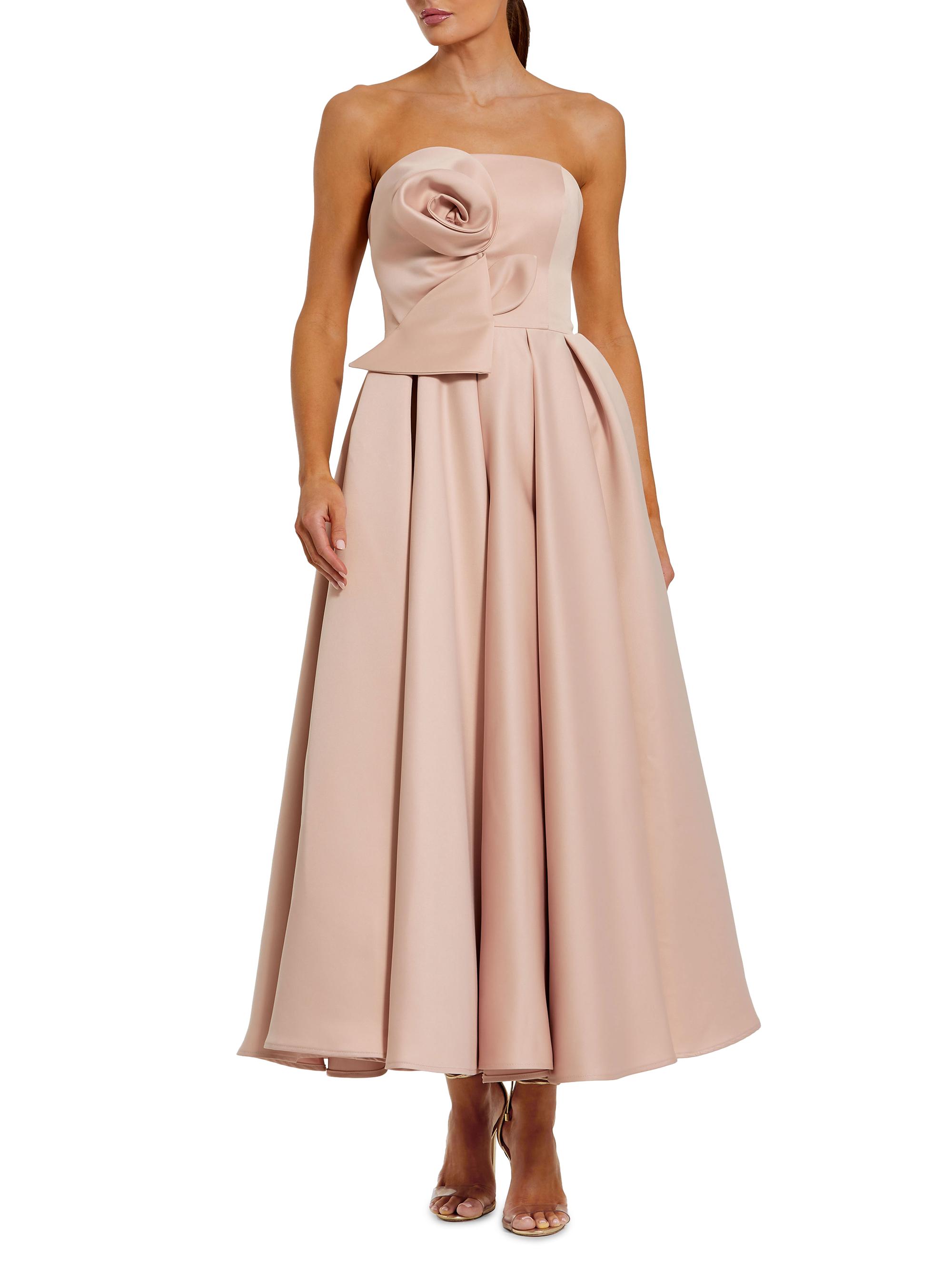 Mac Duggal Women's Rosette Satin Strapless A-Line Midi-Dress - Rose Pink