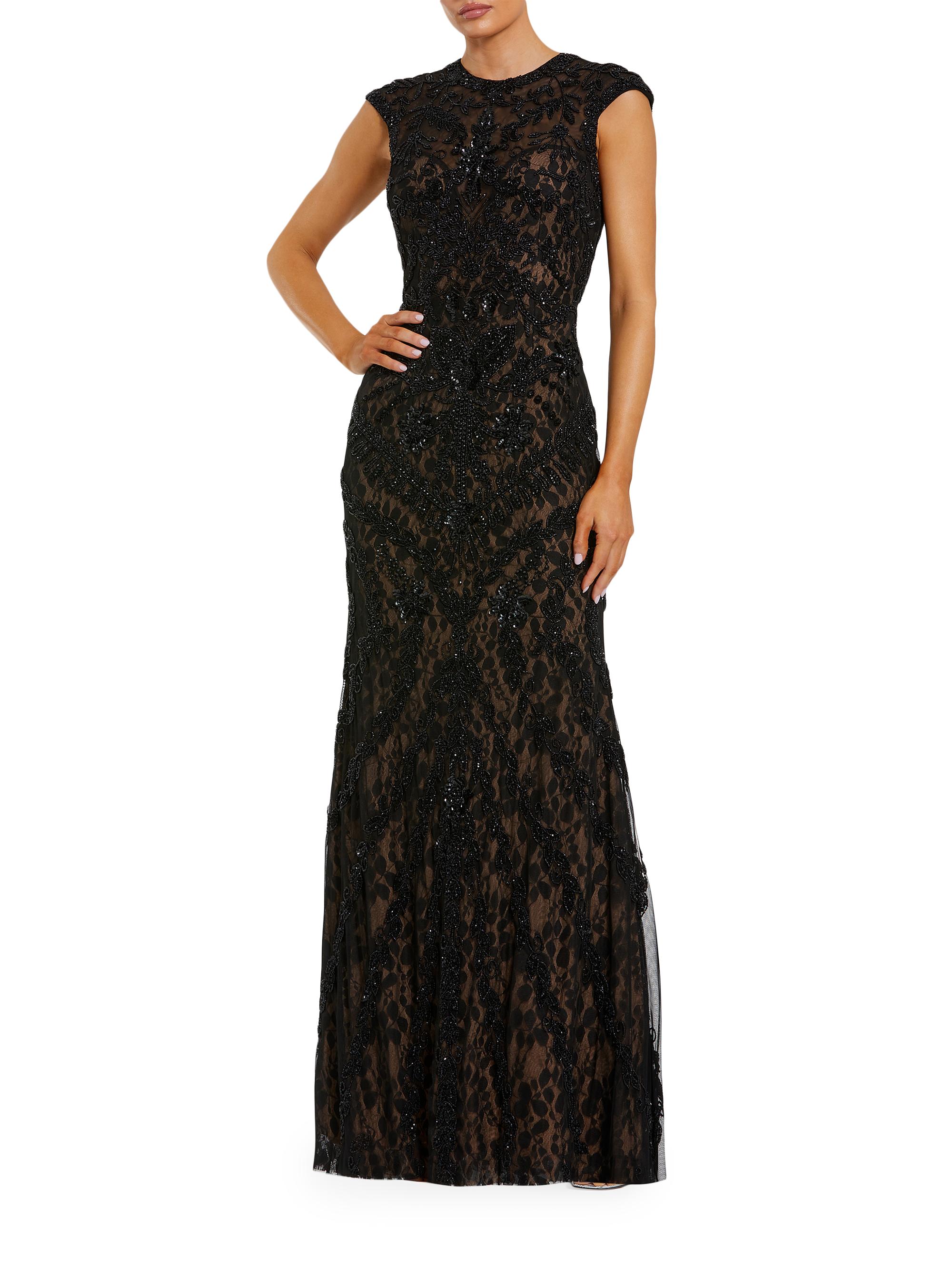 Mac Duggal Women's Beaded Lace Cap-Sleeve Column Gown - Black Beige