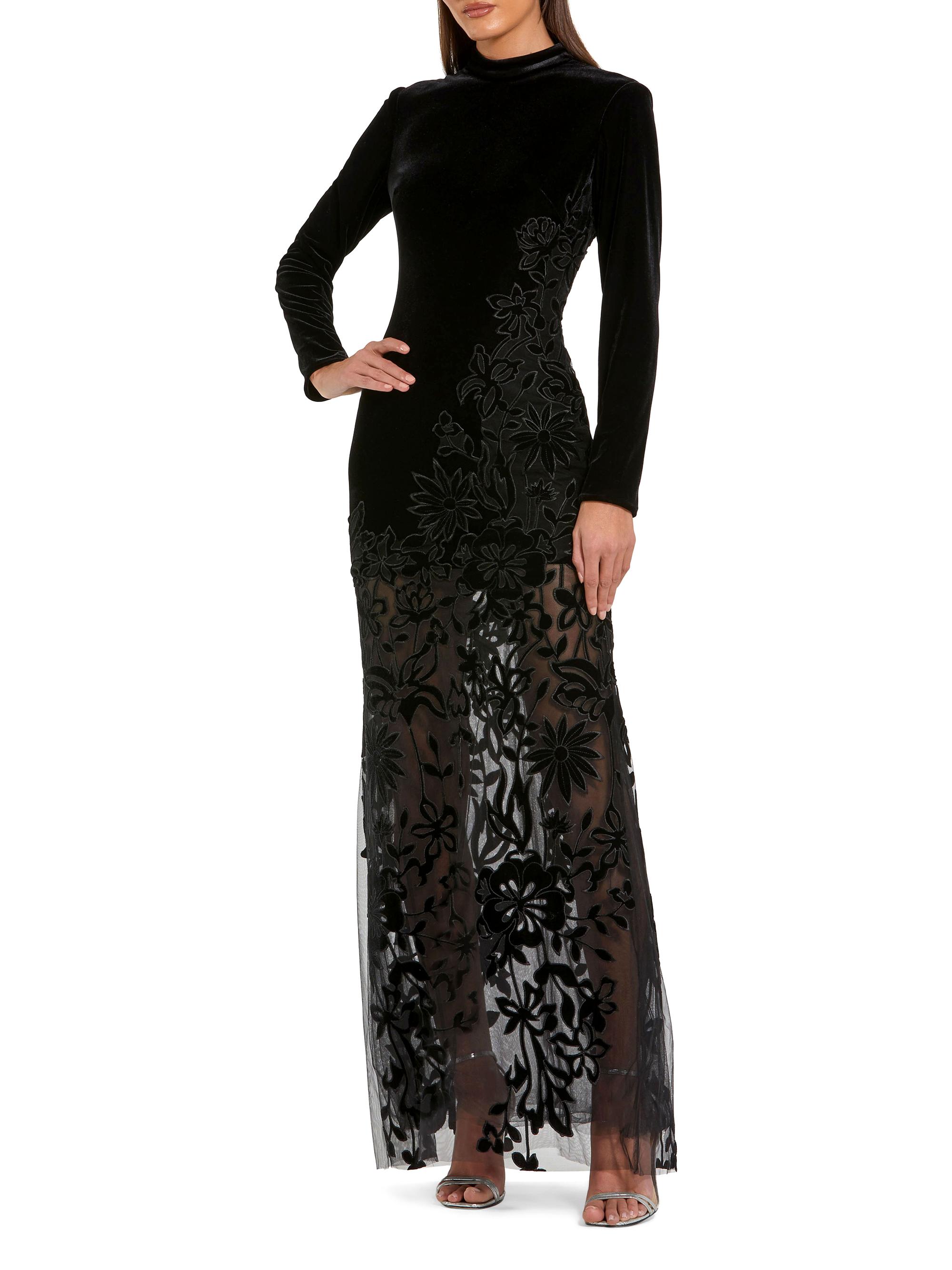 Mac Duggal Women's Floral Mixed-Media Long-Sleeve Gown - Black