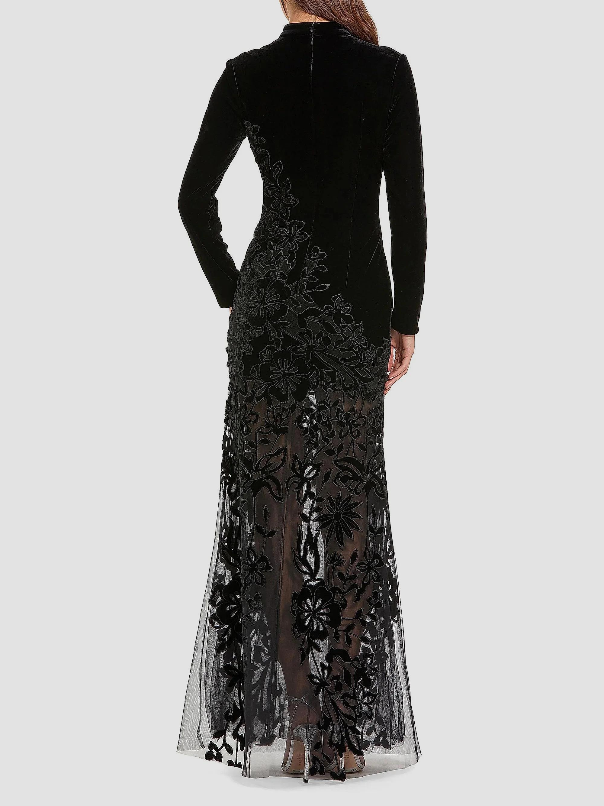mac duggal black embellished floral long sleeve dress Women's Sheer Embroidered Velvet Gown - Charcoal gray JESSICA HOWARD colourtagcheck Size:US 2P the Mac Duggal 21085