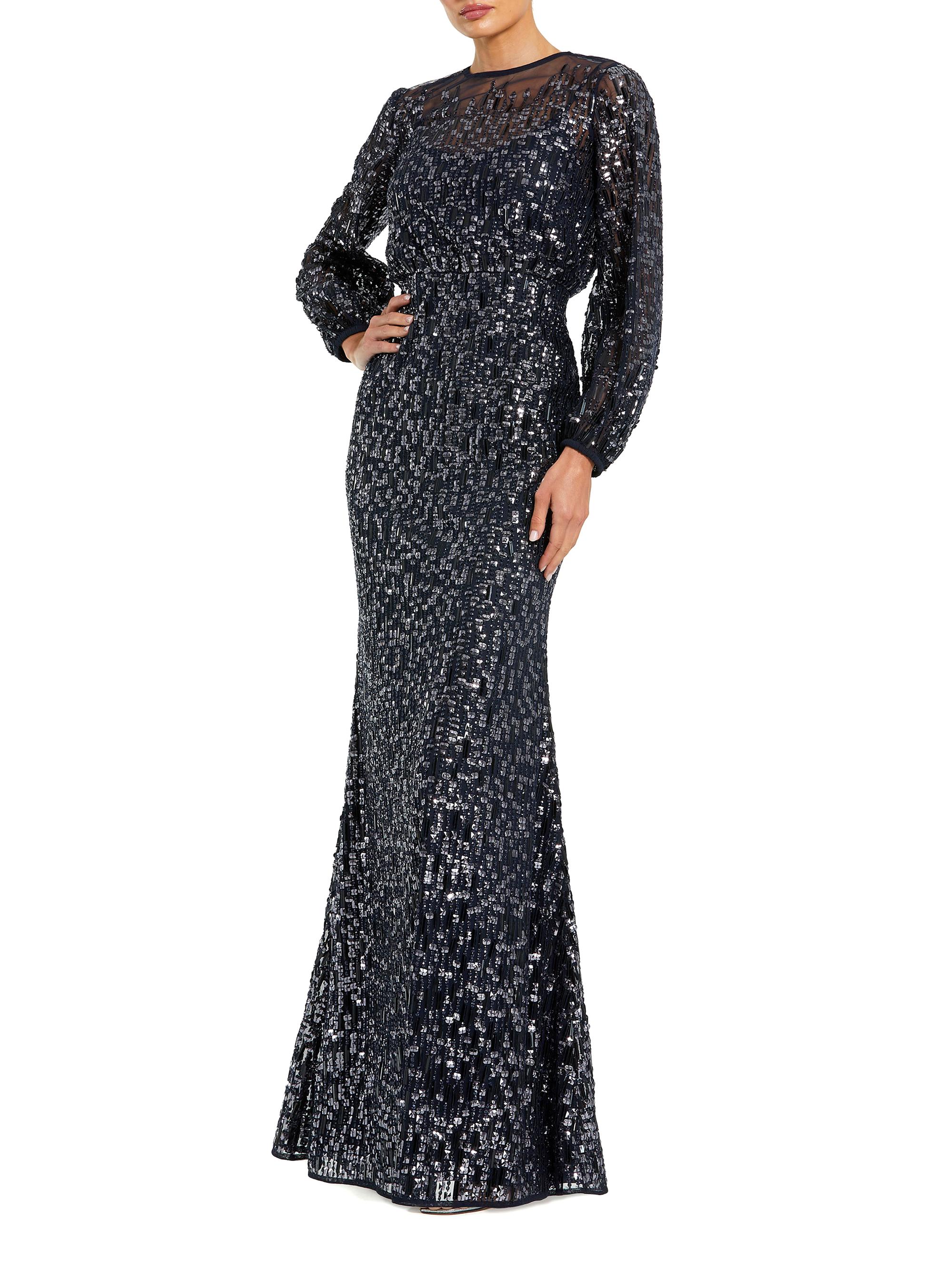 Mac Duggal Women's Beaded Mesh Long-Sleeve Blouson Gown - Midnight