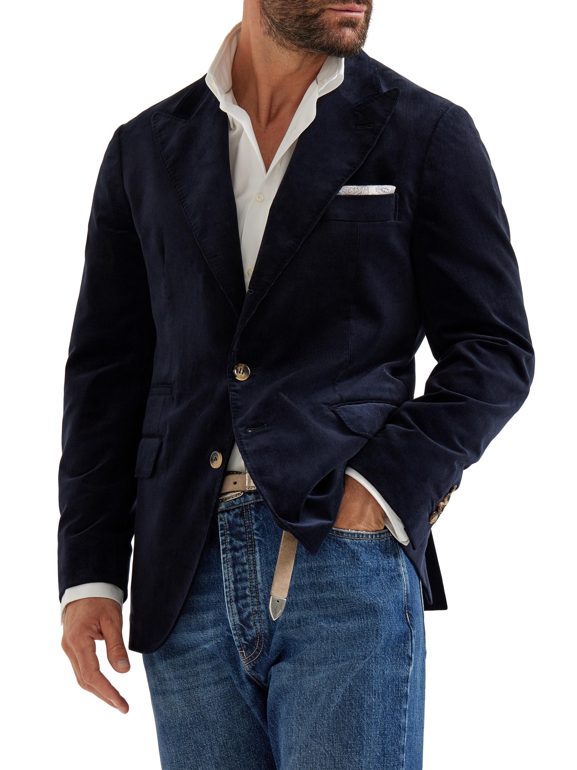 Brunello Cucinelli Men's Cotton Corduroy Deconstructed Blazer with Large Peak Lapels - Navy Blue
