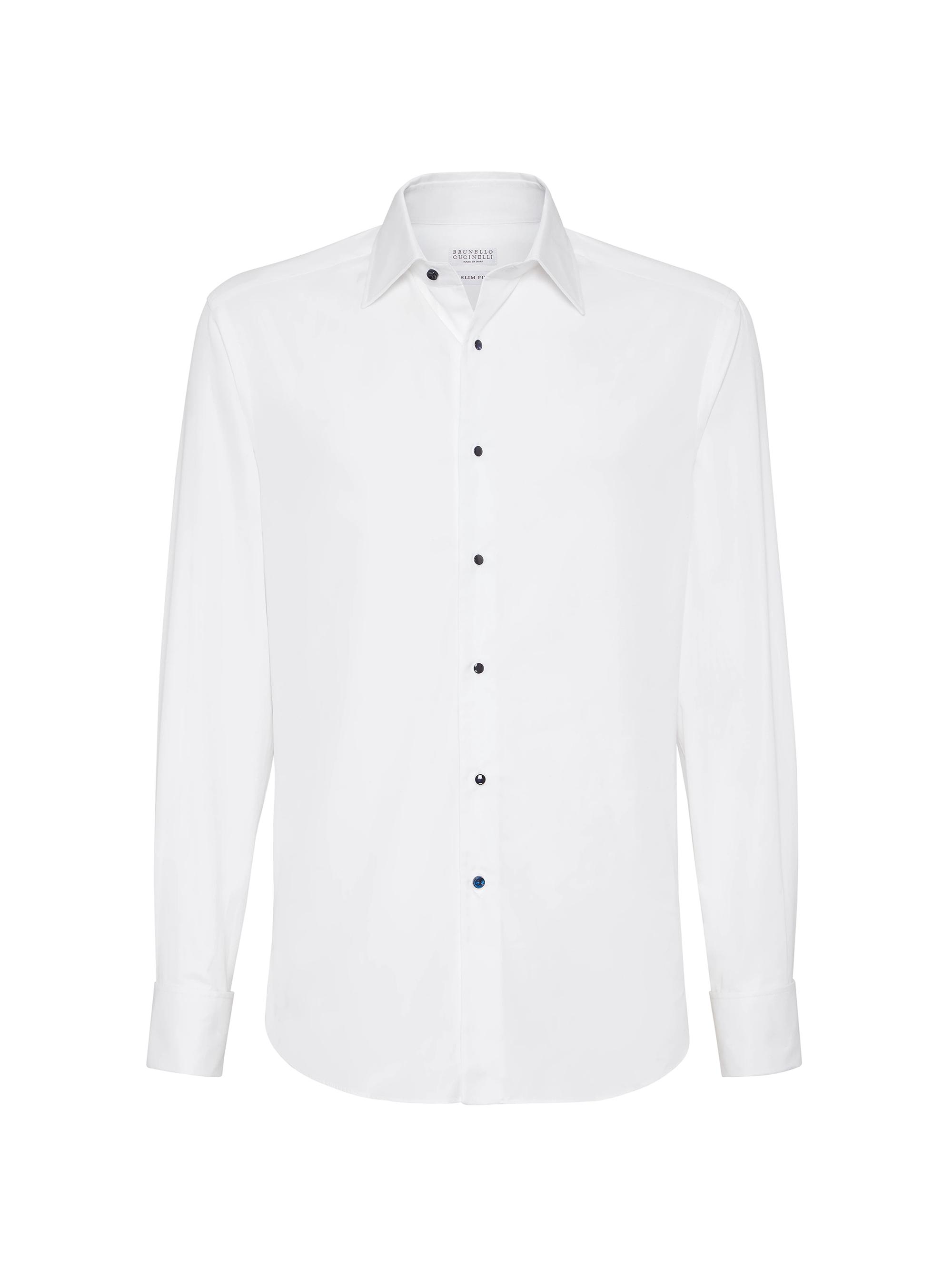 Brunello Cucinelli Men's Cotton Twill Slim Fit Tuxedo Shirt with Spread Collar - White