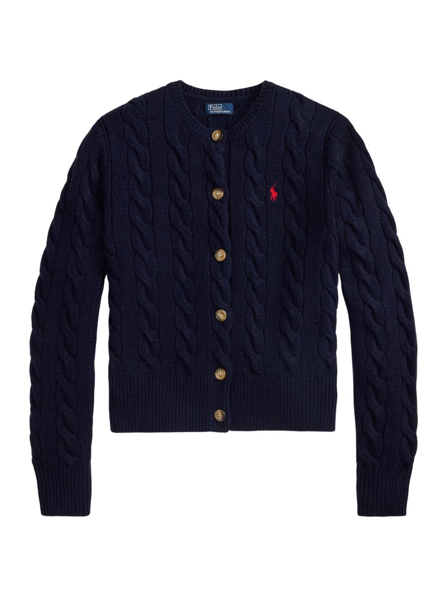 Polo Ralph Lauren Women's Logo-embroidered Wool-blend Cable-knit Cardigan In Hunter Navy