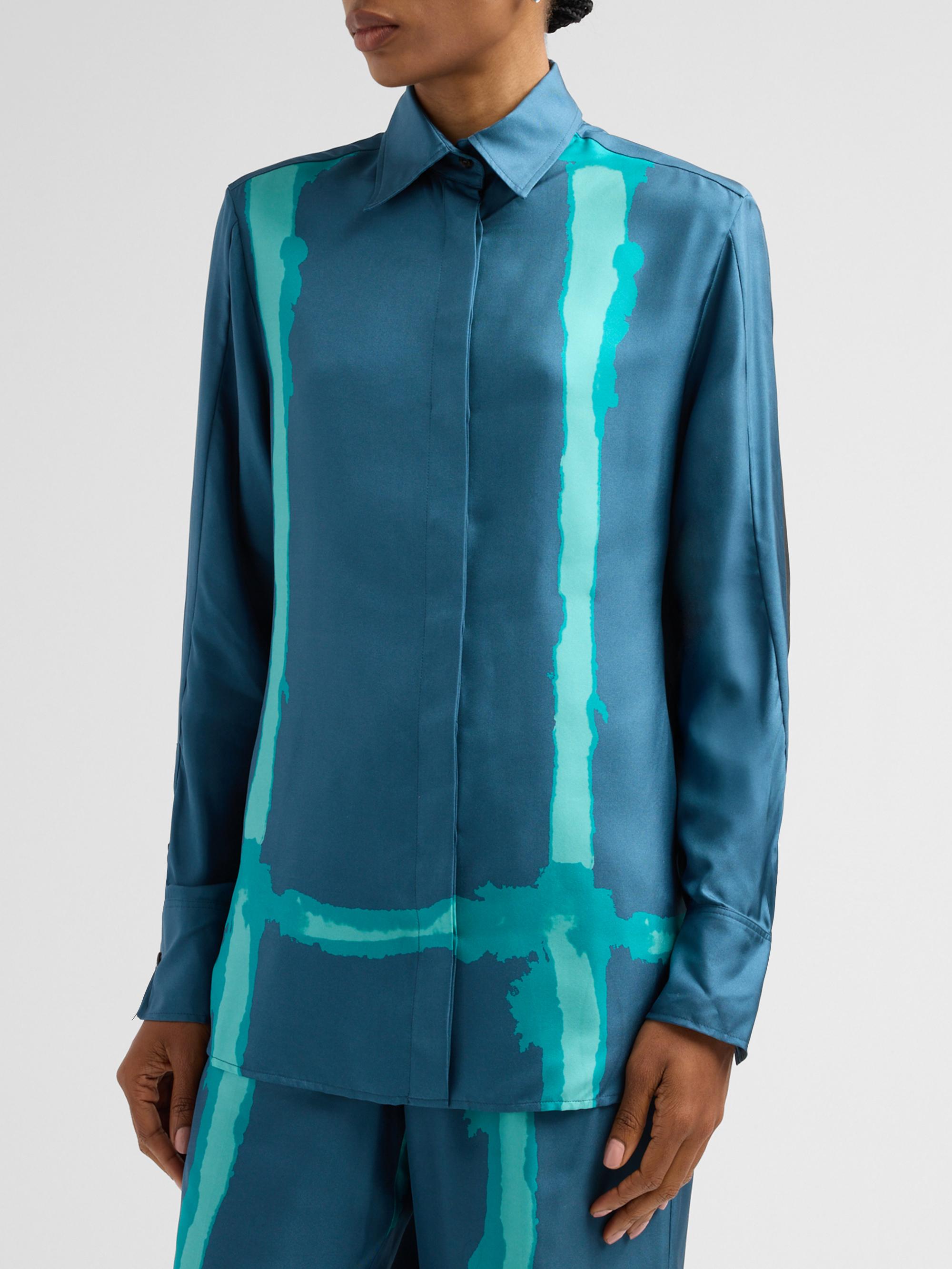 Kiton Women's Abstract-Print Silk Button-Down Blouse - Petroleum Green | Thumbnail 4