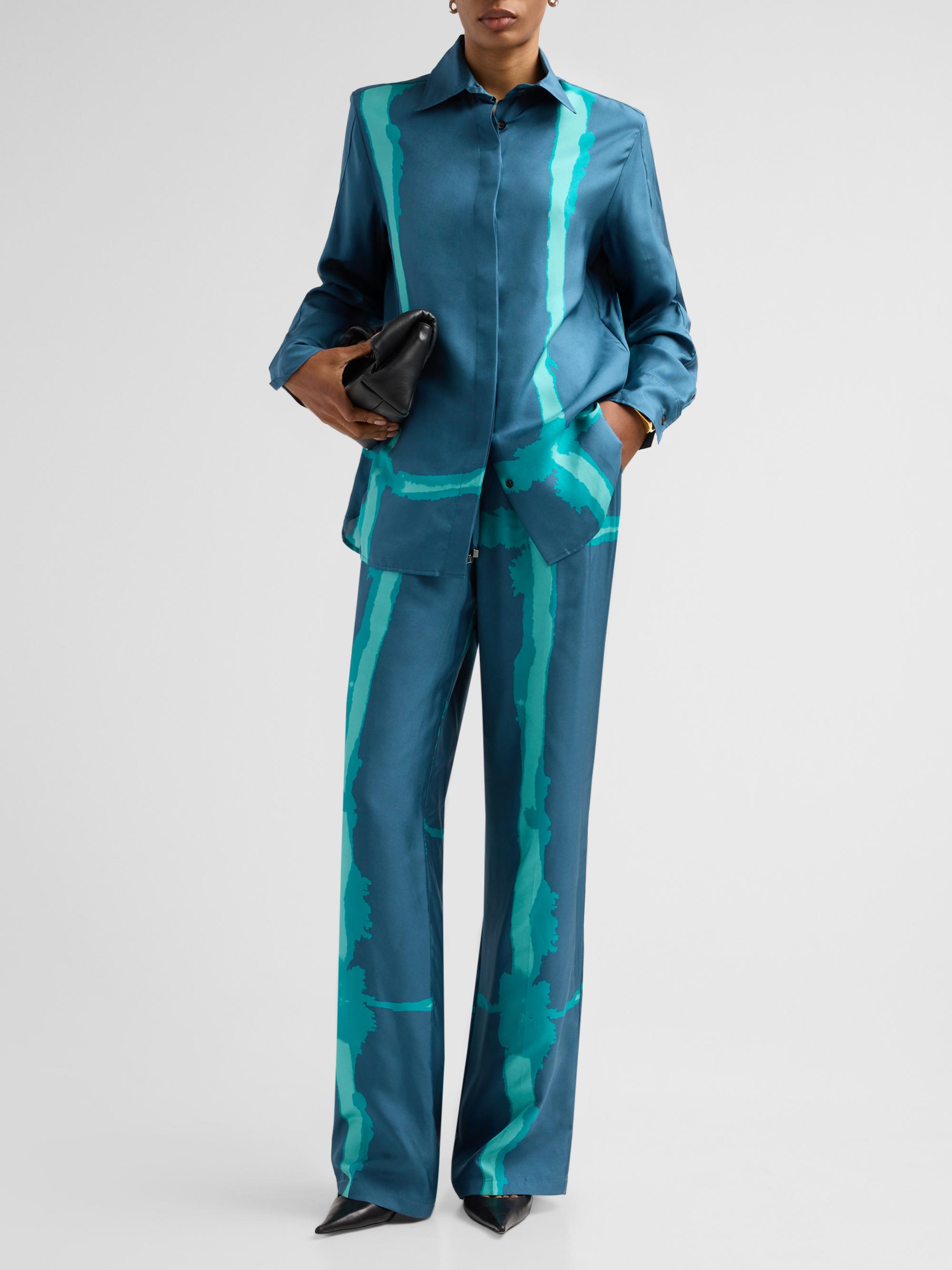 Kiton Women's Abstract-Print Silk Drawstring Pants - Petroleum Green | Thumbnail 2