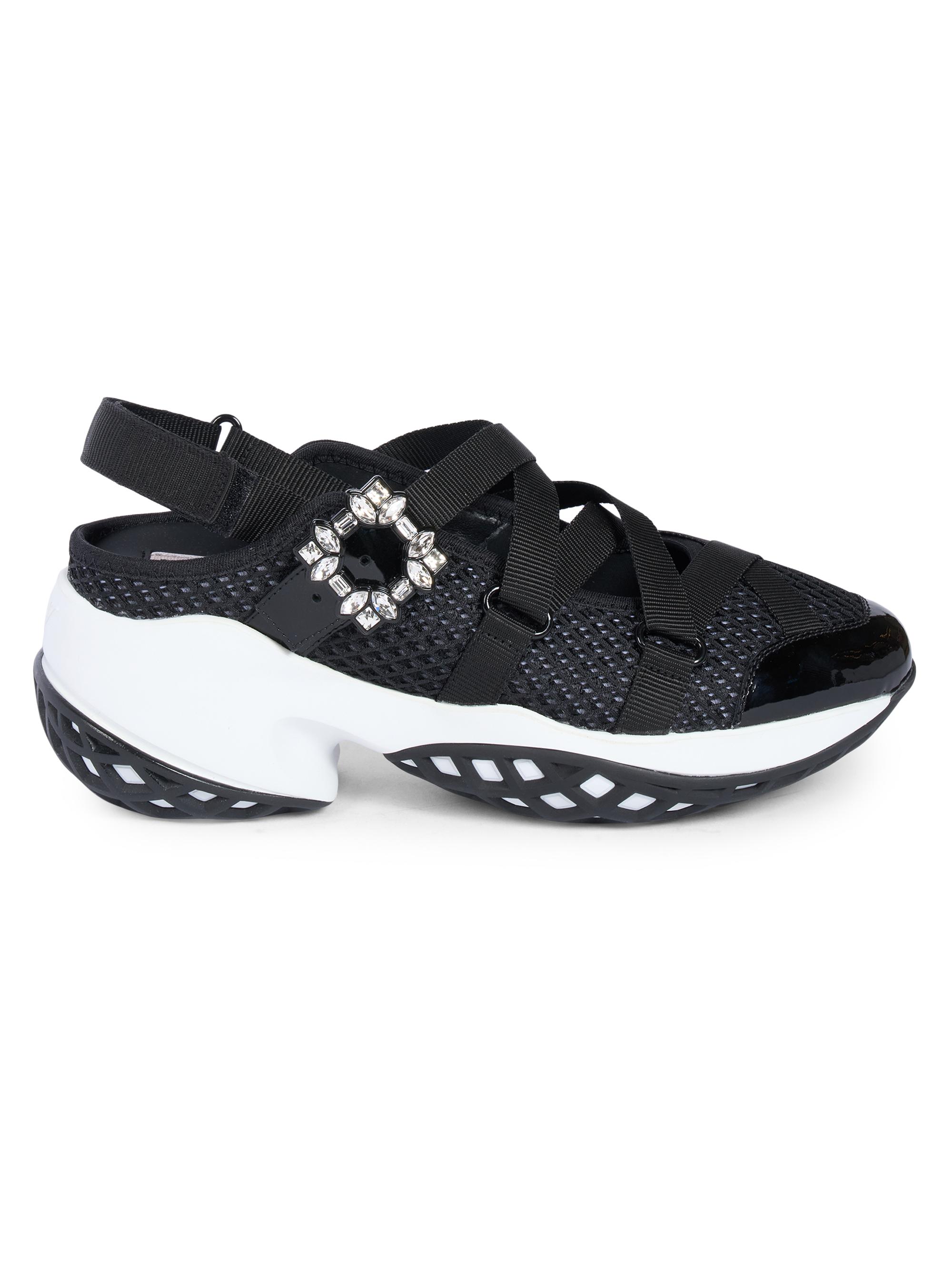 Roger Vivier Women's Viv Run Strass Trekky Ball Mesh & Patent Leather Sneakers - Black White