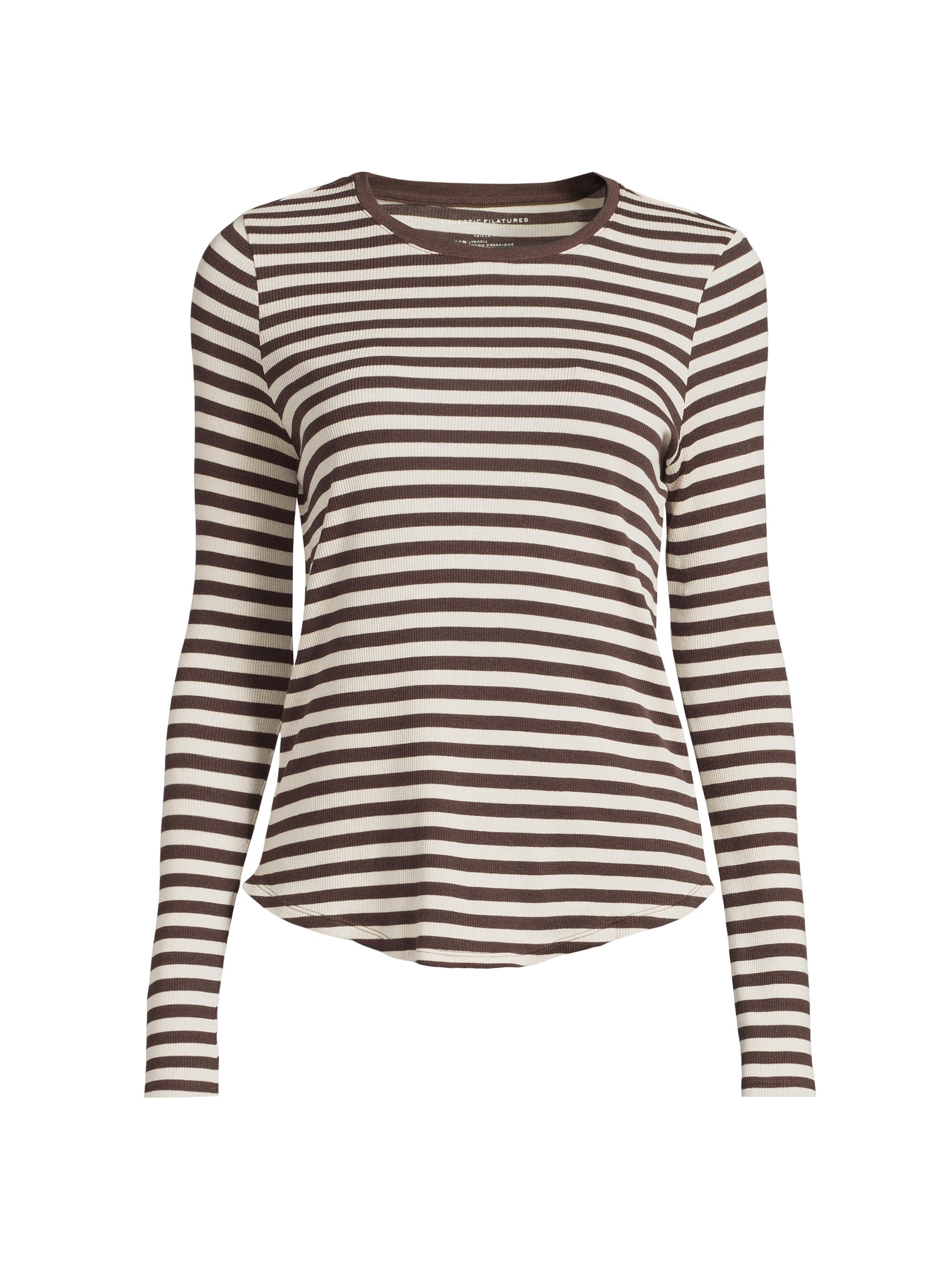 Majestic Filatures Women's Striped Long-Sleeved Crewneck T-Shirt - Grege Chocolat