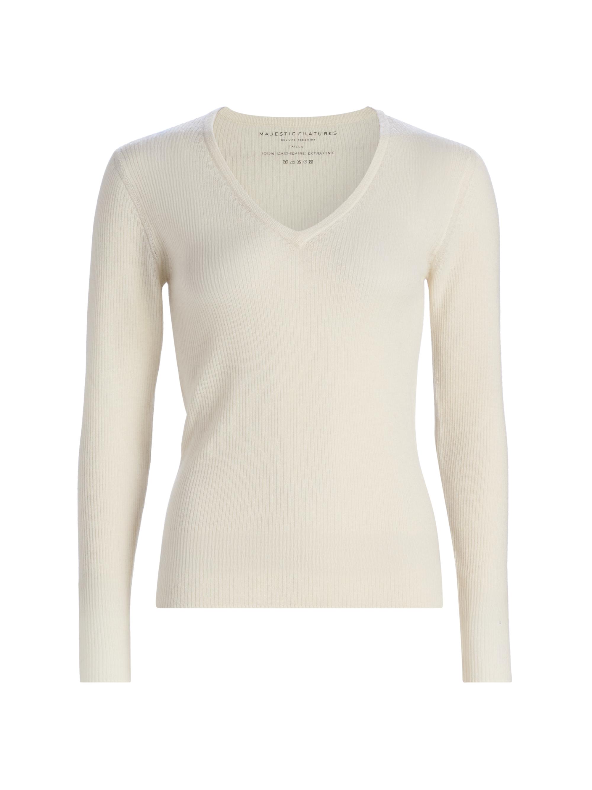 Majestic Filatures Women's Cashmere Rib-Knit V-Neck Sweater - Milk
