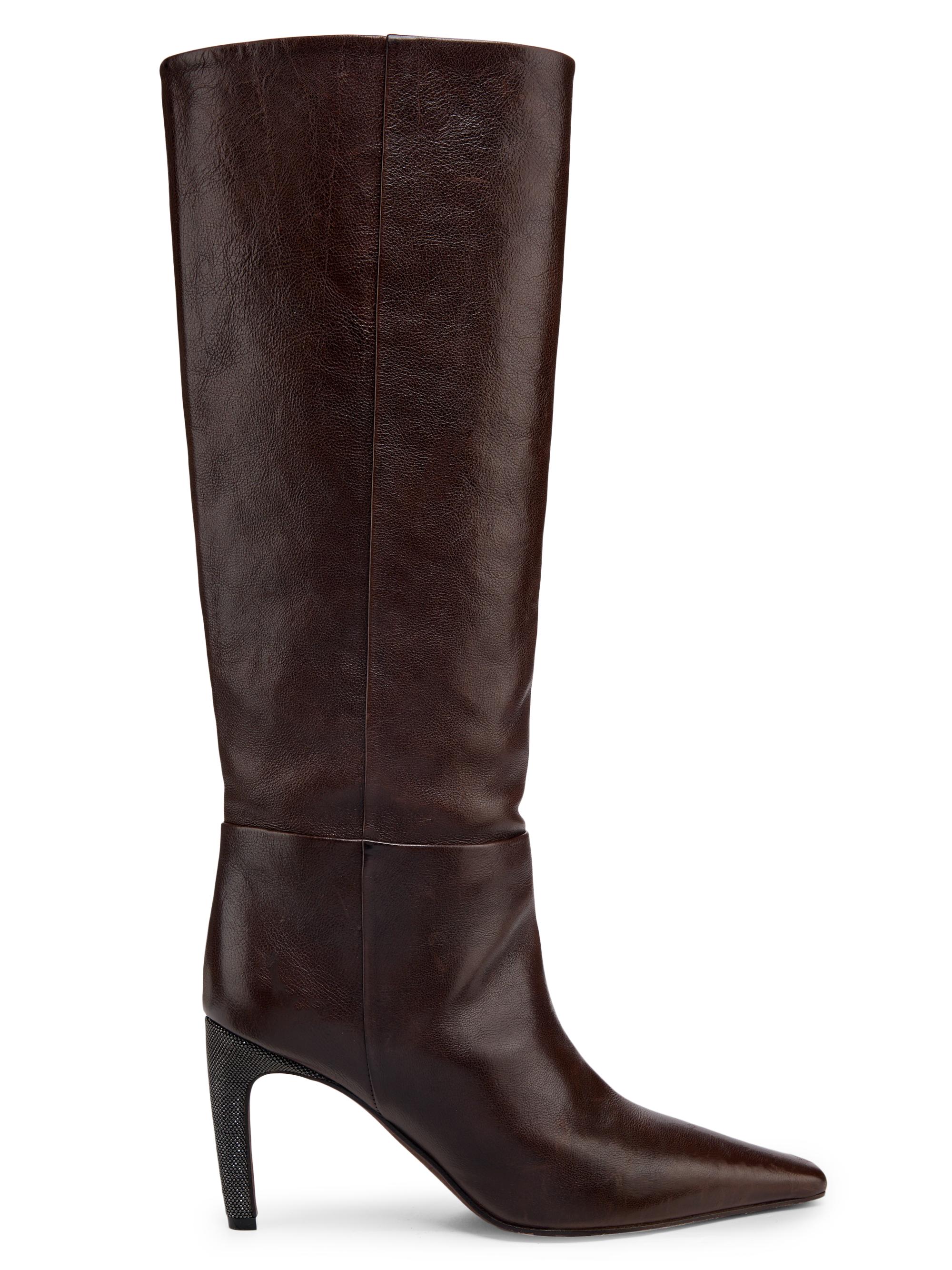 Brunello Cucinelli Women's Leather 80MM Curved Monili Heel Boots - Dark Brown