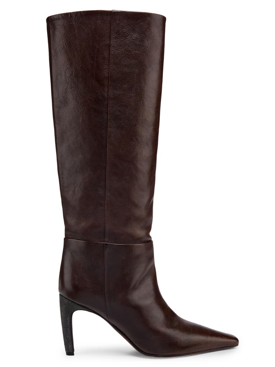 Brunello Cucinelli Women's Leather 80mm Curved Monili Heel Boots In Brown