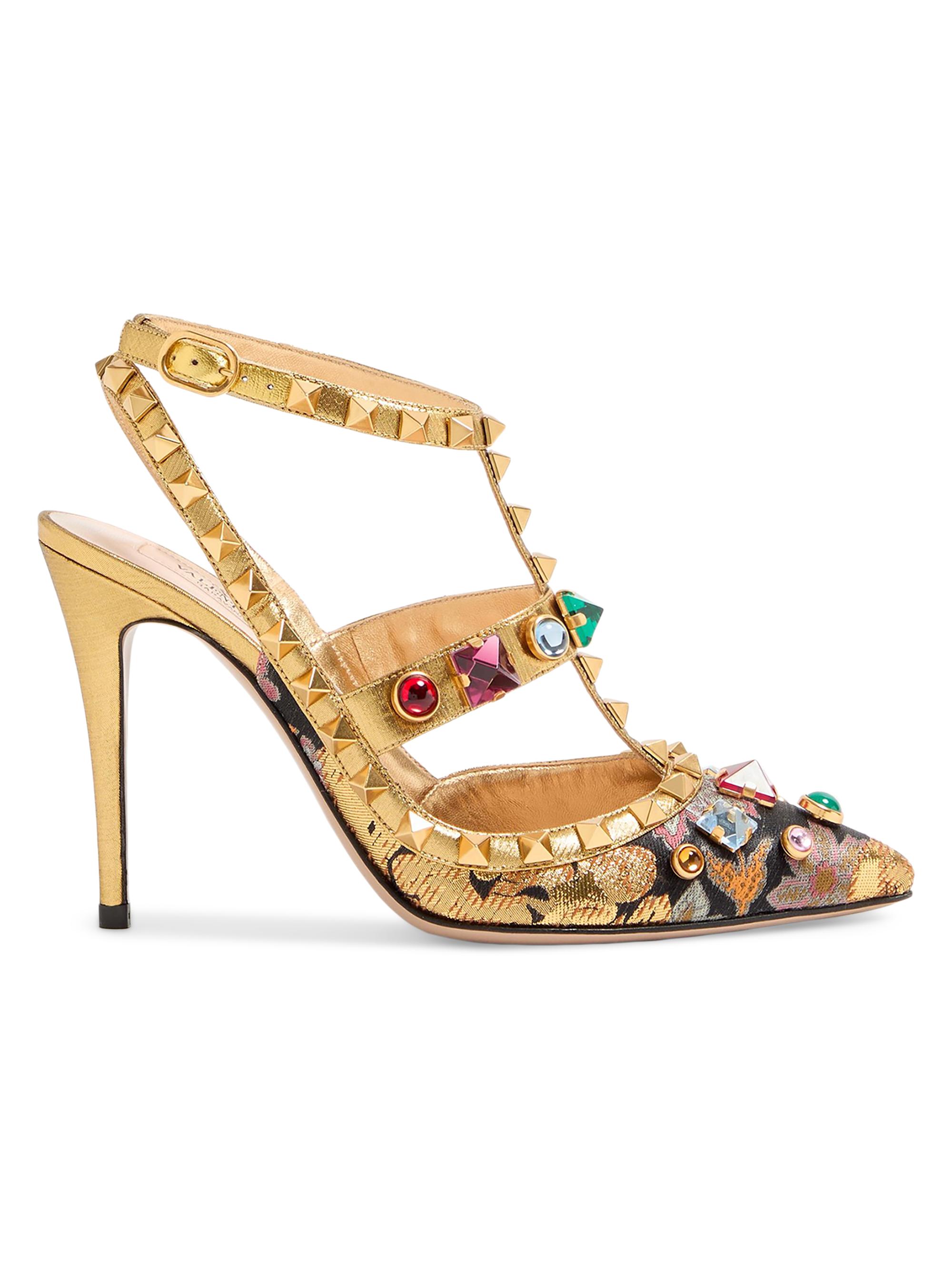 Valentino Garavani Women's Rockstud 100MM Pumps with Straps in Jacquard Apres L'hiver Fabric - Gold