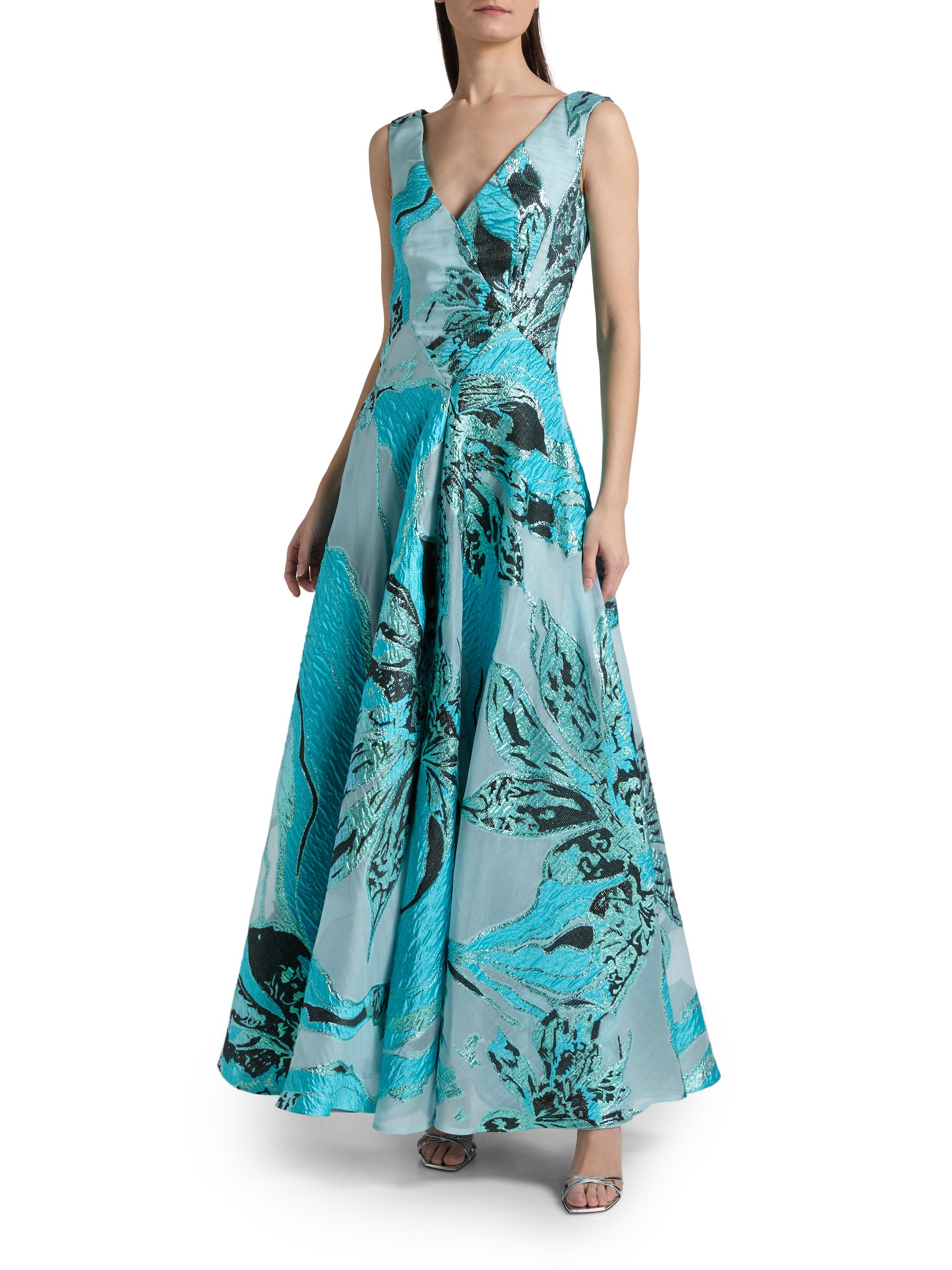Talbot Runhof Women's Metallic Jacquard Sleeveless A-Line Gown - Seafoam - Size 4