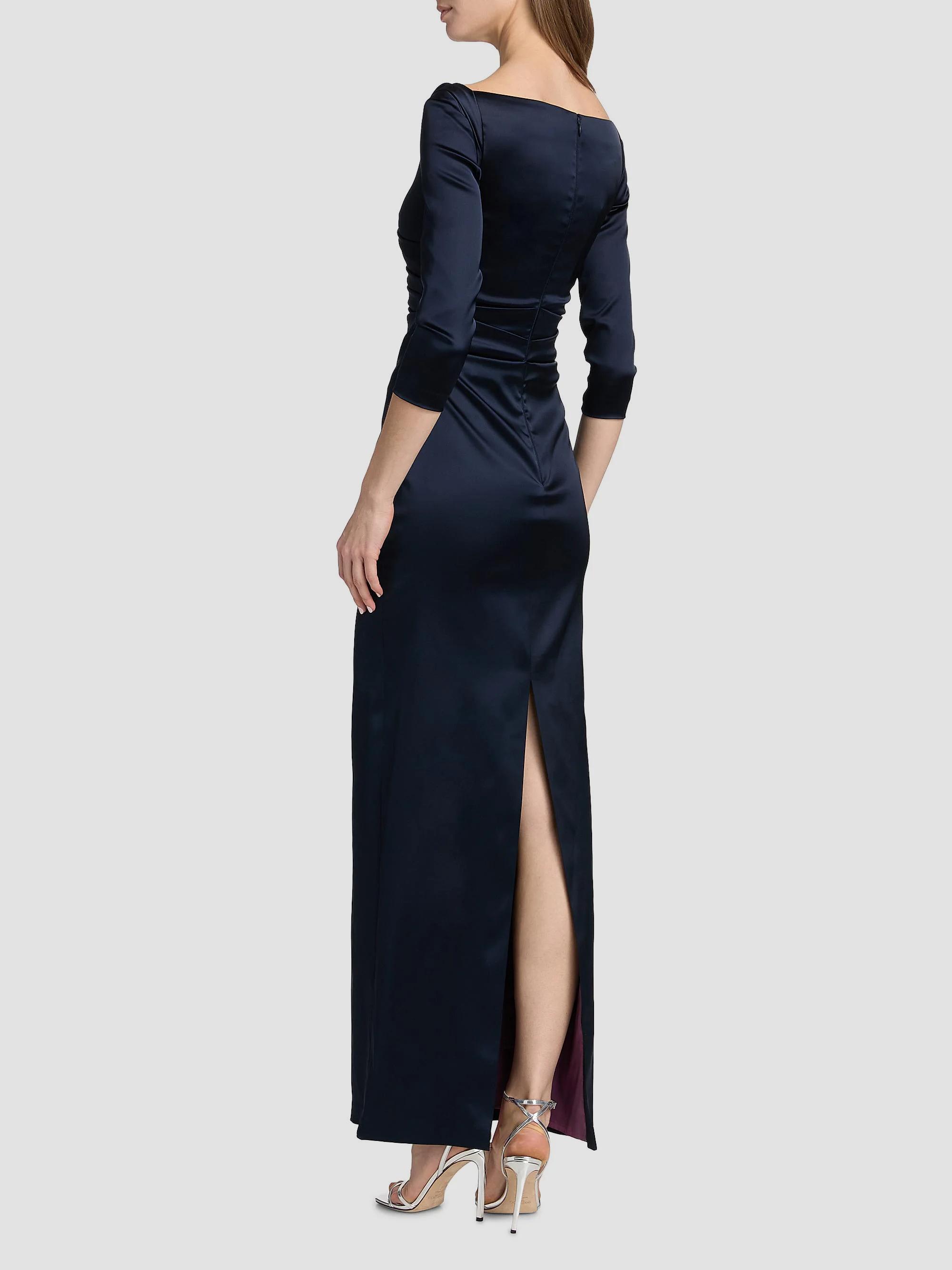 asymmetric gathered satin midi dress Talbot Runhof Women's Gown - Armada size:12 Back zip closure Turtleneck Long Sleeve Asymmetrical Color:WHITE
