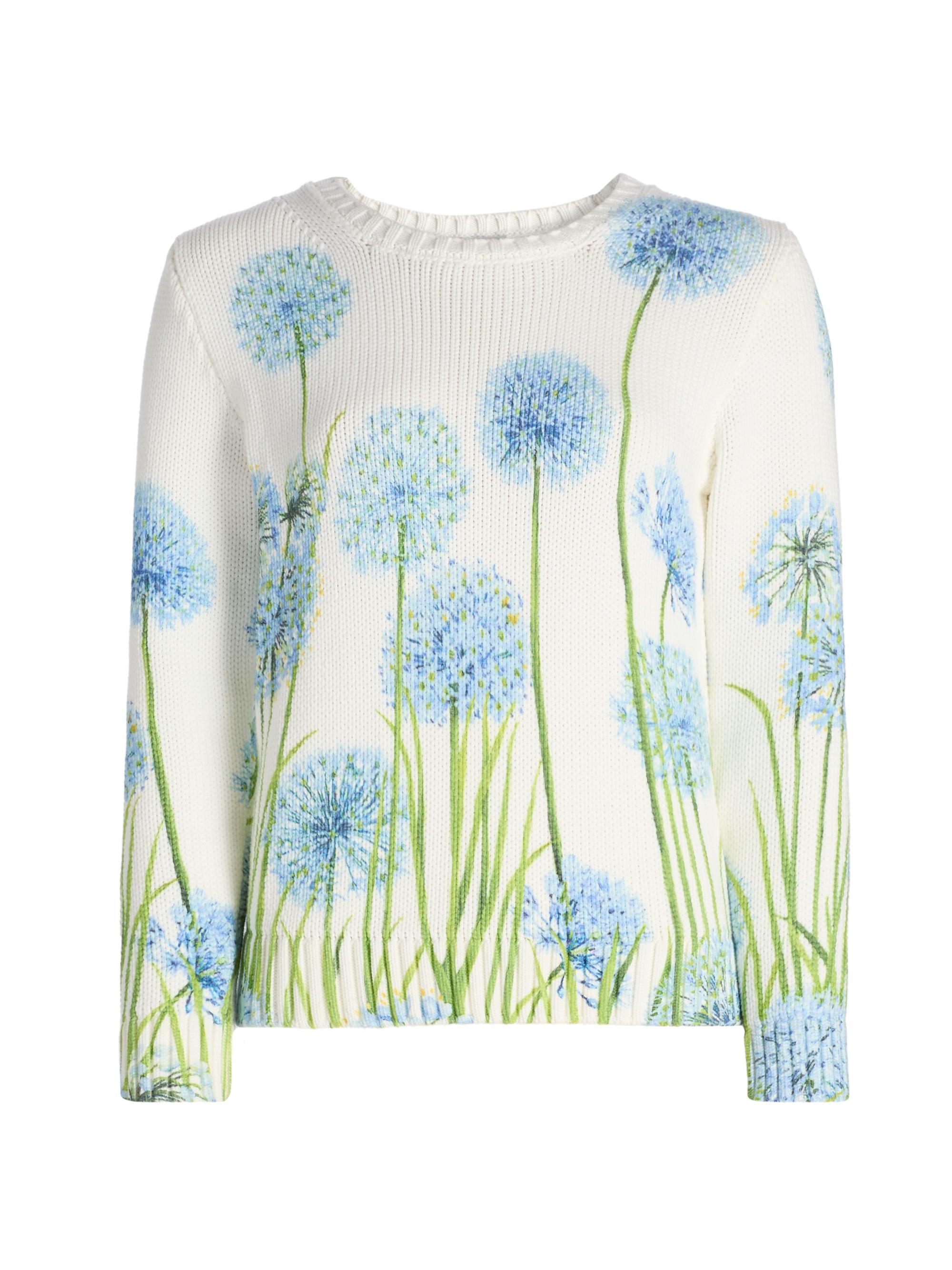 Oscar de la Renta Women's Allium-Printed Cotton-Blend Sweater - Blue White